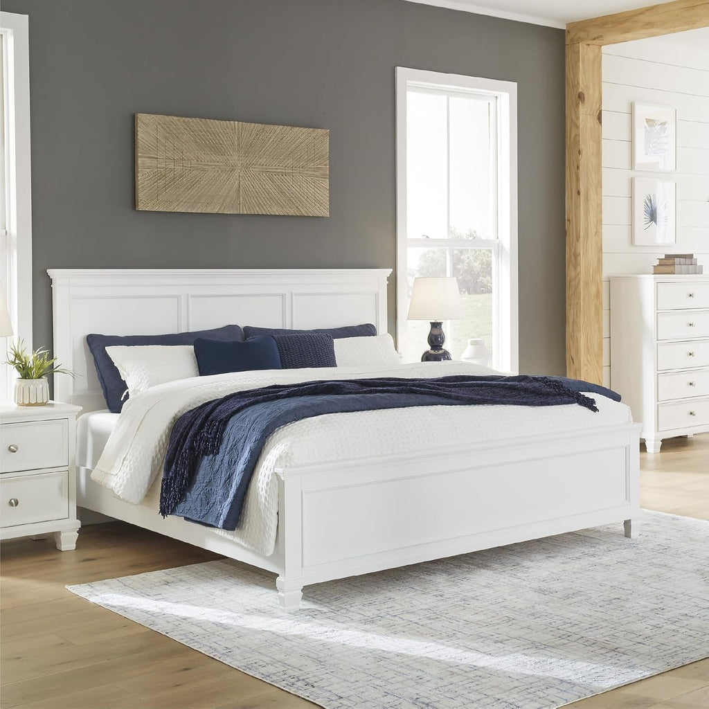 Signature Design by Ashley Fortman Transitional King Panel Bed with Tapered Feet, Foundation or Box Spring Needed, White