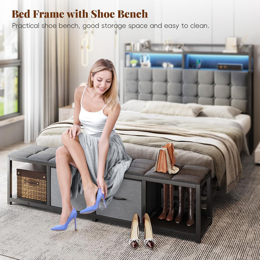 EnHomee Full Size Bed Frame with Headboard and 60' W Bed End Stool, 2 Drawers & LED & Charging Port Full Bed Frame with Storage Built in Charging Station,NO Noise,No Box Spring Needed,Gray