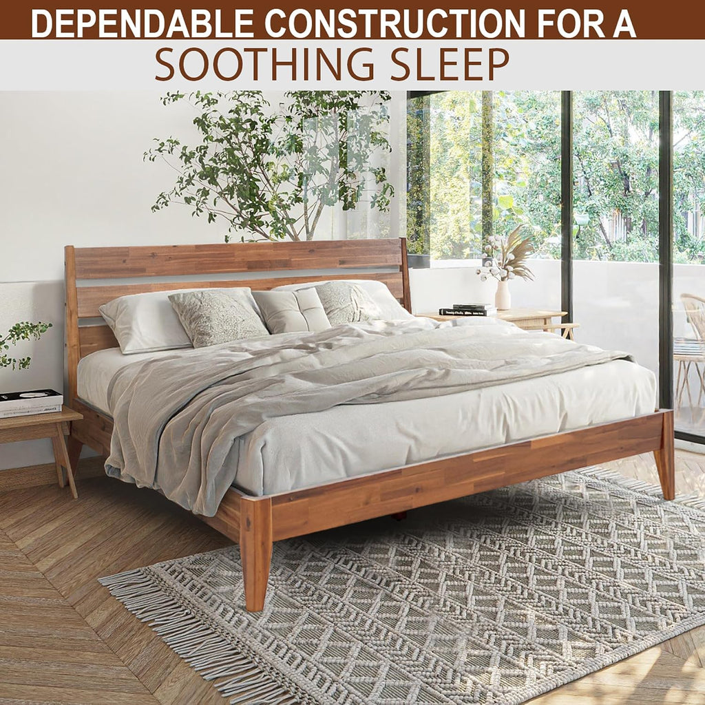 Acacia Emery Bed Frame with Headboard Solid Wood Platform Bed, Queen Size Bed Frame, Mid - Century Modern Wood Bed Compatible with All Mattresses, Easy Assembly, Non-Slip, Walnut