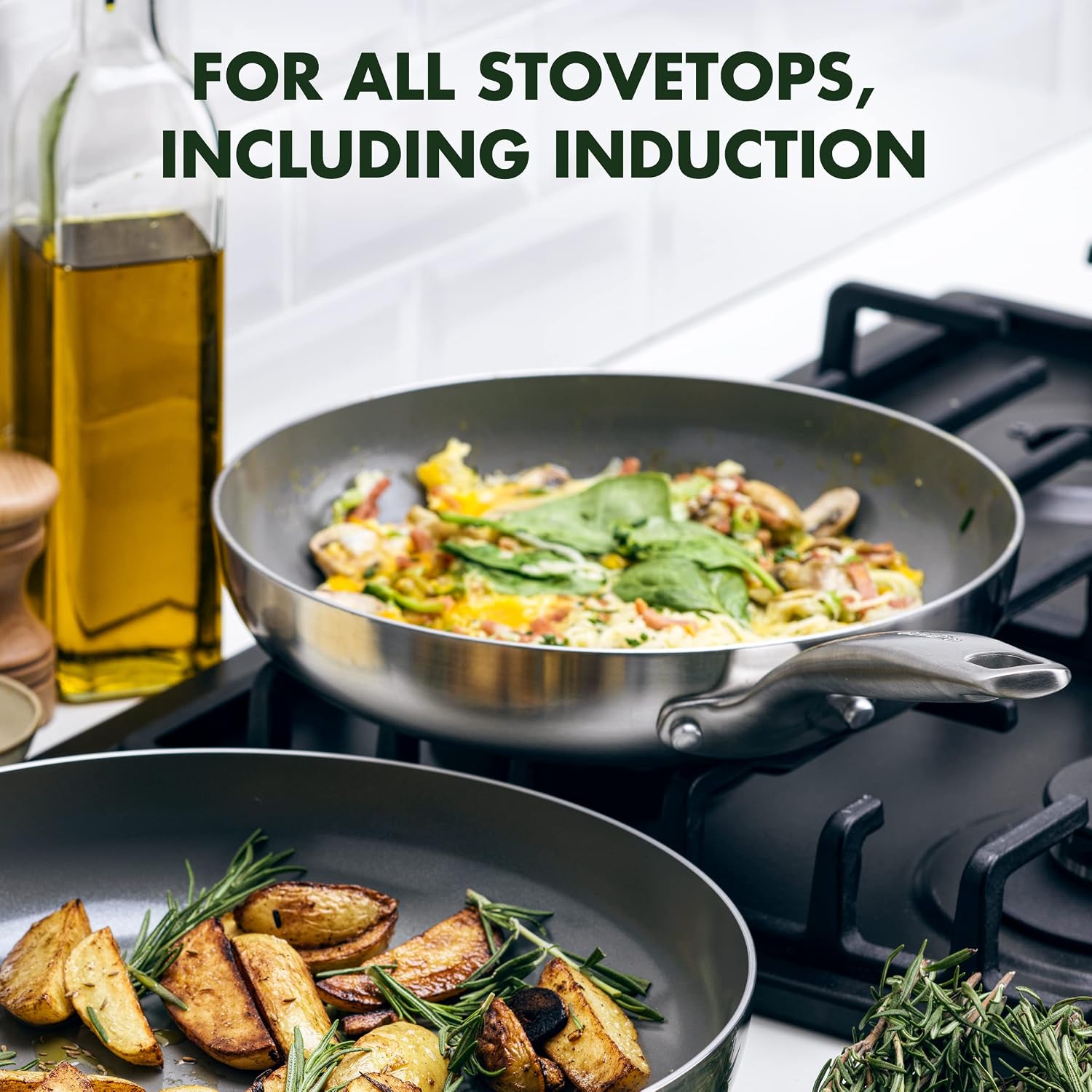 GreenPan Chatham Tri-Ply Stainless Steel 3-Piece Frying Pan Set, 8', 9.5', 11', PFAS-Free, Induction, Ceramic Nonstick Coating, Durable Cookware for Searing Sautéing & Frying, Oven & Dishwasher Safe