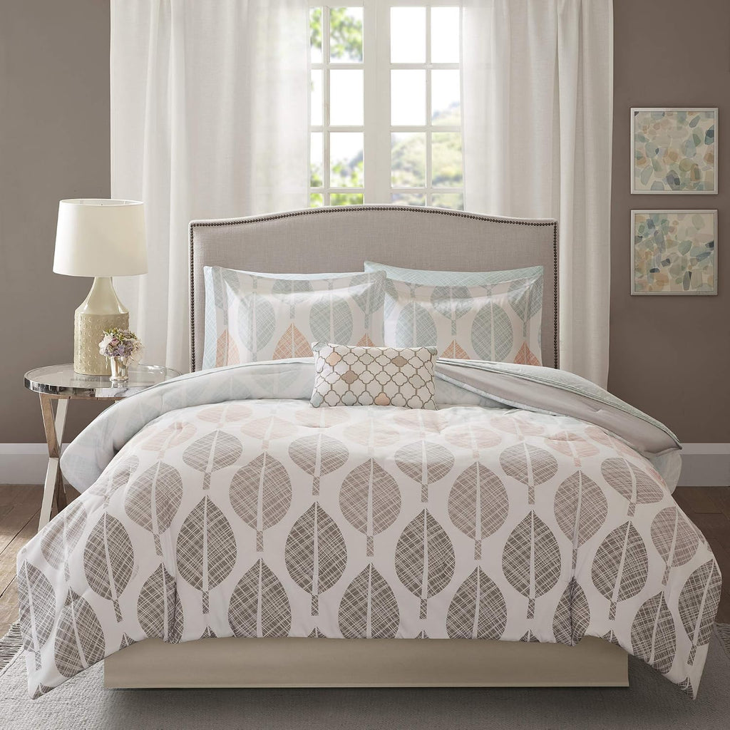 Madison Park Essentials Central Park Bed in a Bag Comforter, Vibrant Color Design All Season Down Alternative Cover with Complete Cotton Sheet Set, Queen(90'x90'), Leaf Coral/Green