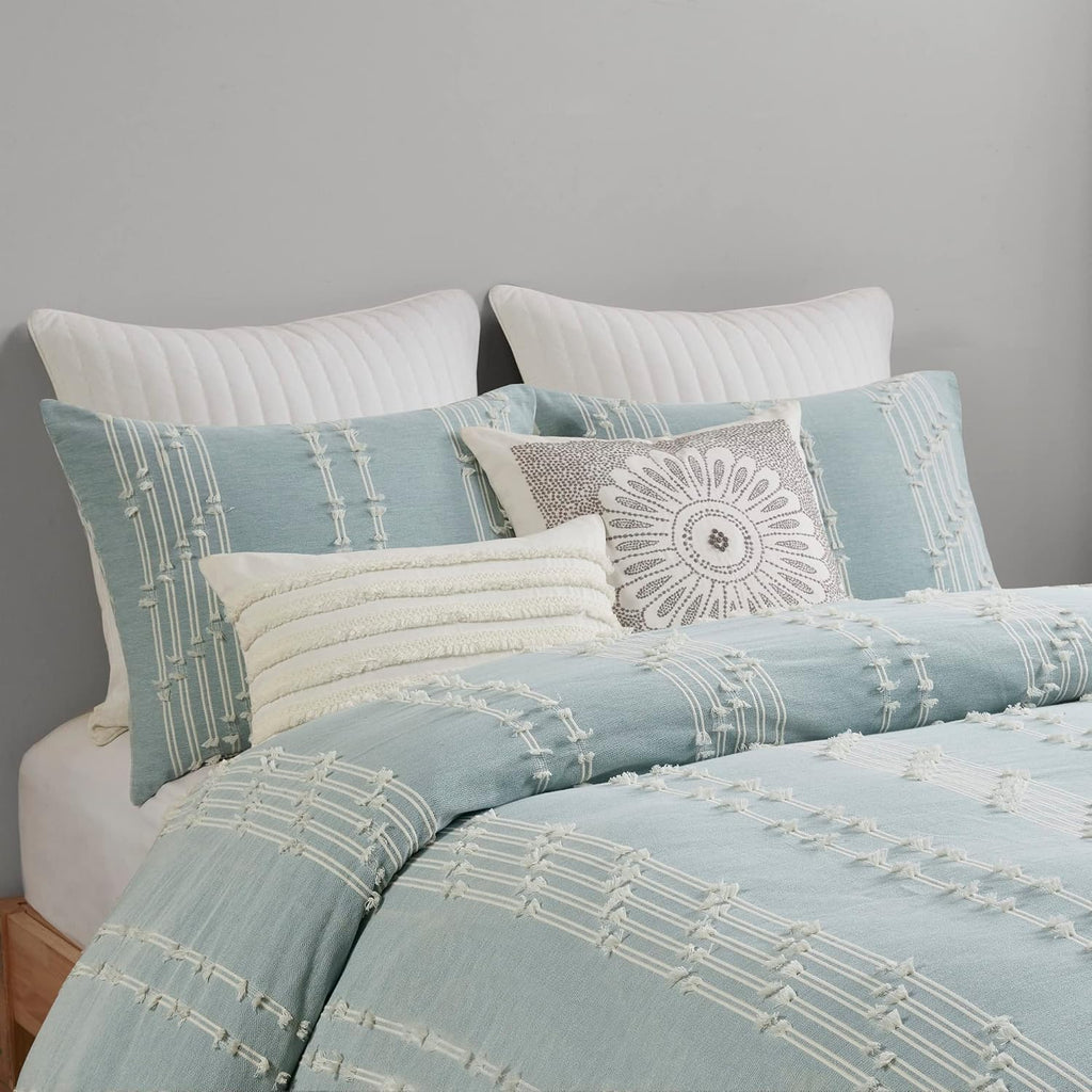INK+IVY Cotton Duvet Cover Queen Size - 100% Cotton Duvet Cover Set, Boho Bedding Set for All Seasons Farmhouse Bedding Duvet & Sets with 2 Pillowcase, Jacquard Stripes, Aqua 3 Piece Full/Queen