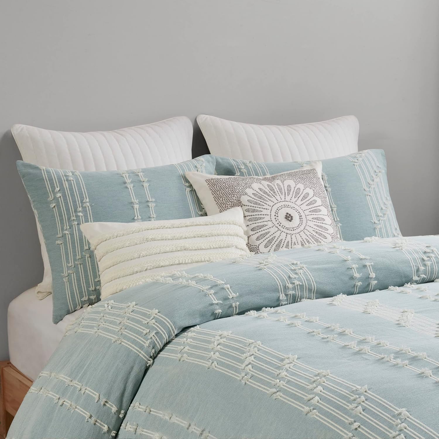 INK+IVY Cotton Duvet Cover Queen Size - 100% Cotton Duvet Cover Set, Boho Bedding Set for All Seasons Farmhouse Bedding Duvet & Sets with 2 Pillowcase, Jacquard Stripes, Aqua 3 Piece Full/Queen