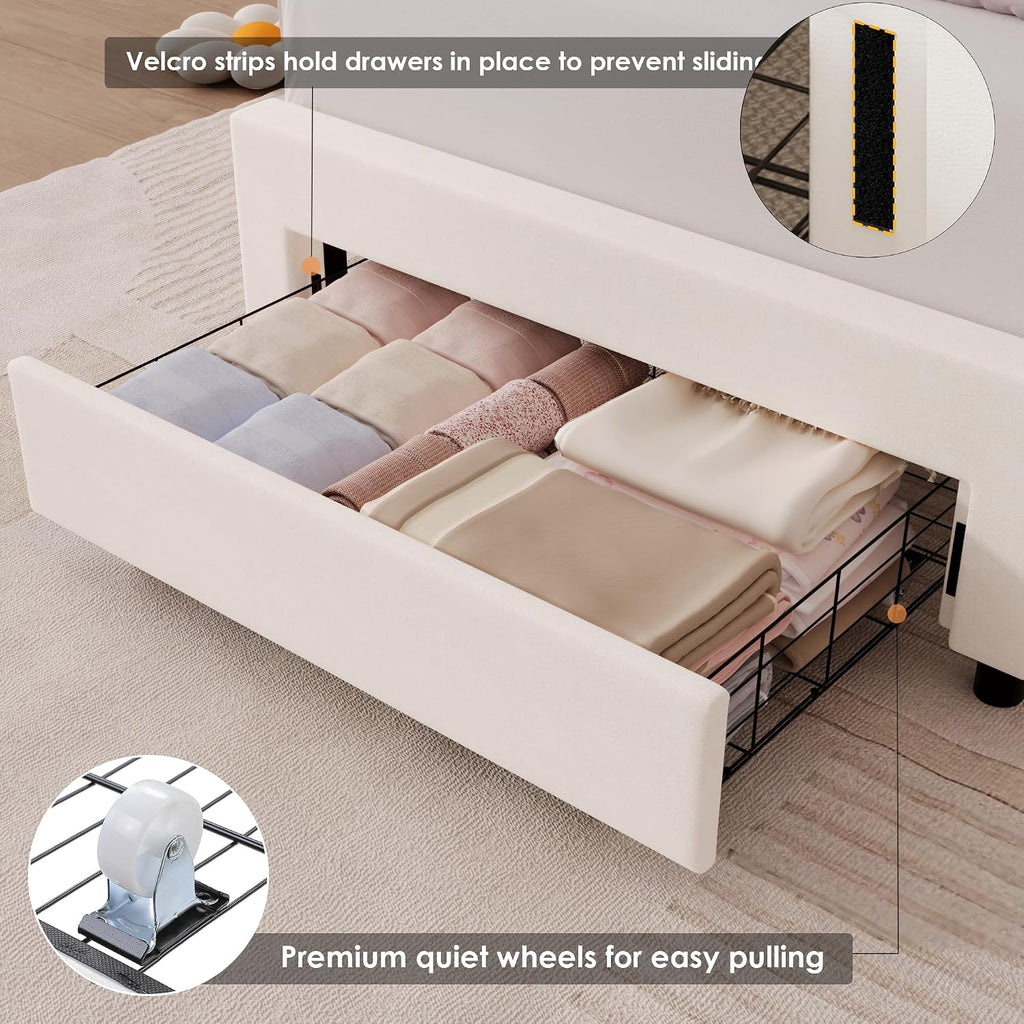 HIFIT Twin Upholstered Smart LED Bed Frame with Storage Drawer and Adjustable Chic Double Petal Headboard, Princess Platform Bed for Girls/Kids, Solid Wood Slat Support/No Box Spring Needed, Beige
