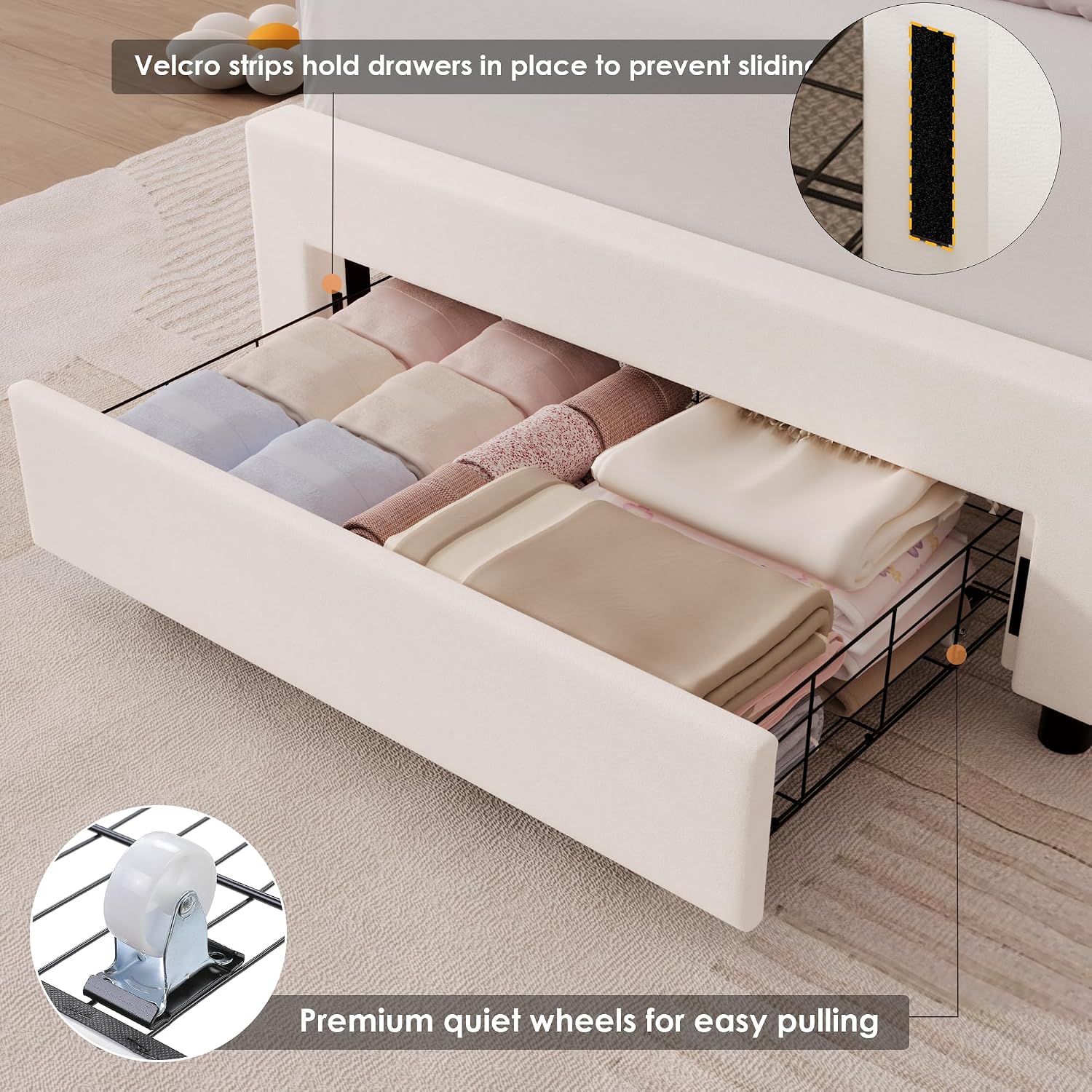 HIFIT Twin Upholstered Smart LED Bed Frame with Storage Drawer and Adjustable Chic Double Petal Headboard, Princess Platform Bed for Girls/Kids, Solid Wood Slat Support/No Box Spring Needed, Beige