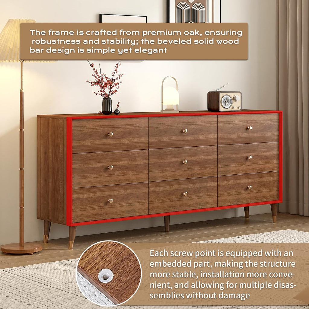 Messenya 9 Drawer Dresser for Bedroom, 63 Inch Walnut Dresser for Closet, Mid Century Wood Chest of Drawers with Natural Texture & Pre-Embedded Slots for TV Stand, Living Room, Hallway, Office