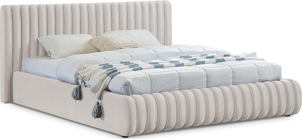Meridian Furniture NicoCream-K Nico Collection Modern | Contemporary Velvet Upholstered King Bed with Rich Cream Velvet and Deep Channel Tufting, 89' W x 91' D x 38' H, Cream, King