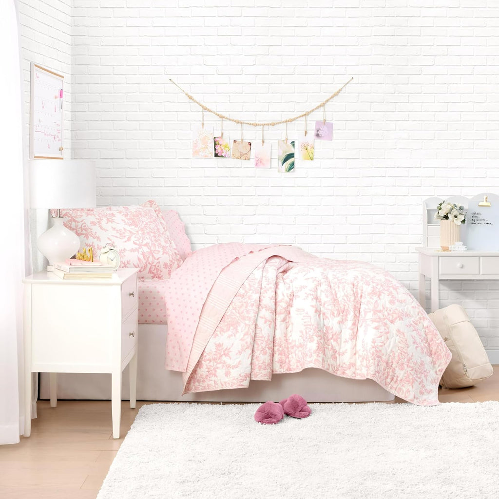 Laura Ashley - Twin Size Bedding Bundle, Reversible Quilt with Matching Pillowcases & Cotton Percale Sheet Set, Floral Bedding with a Crisp & Cool Feel (Pink)