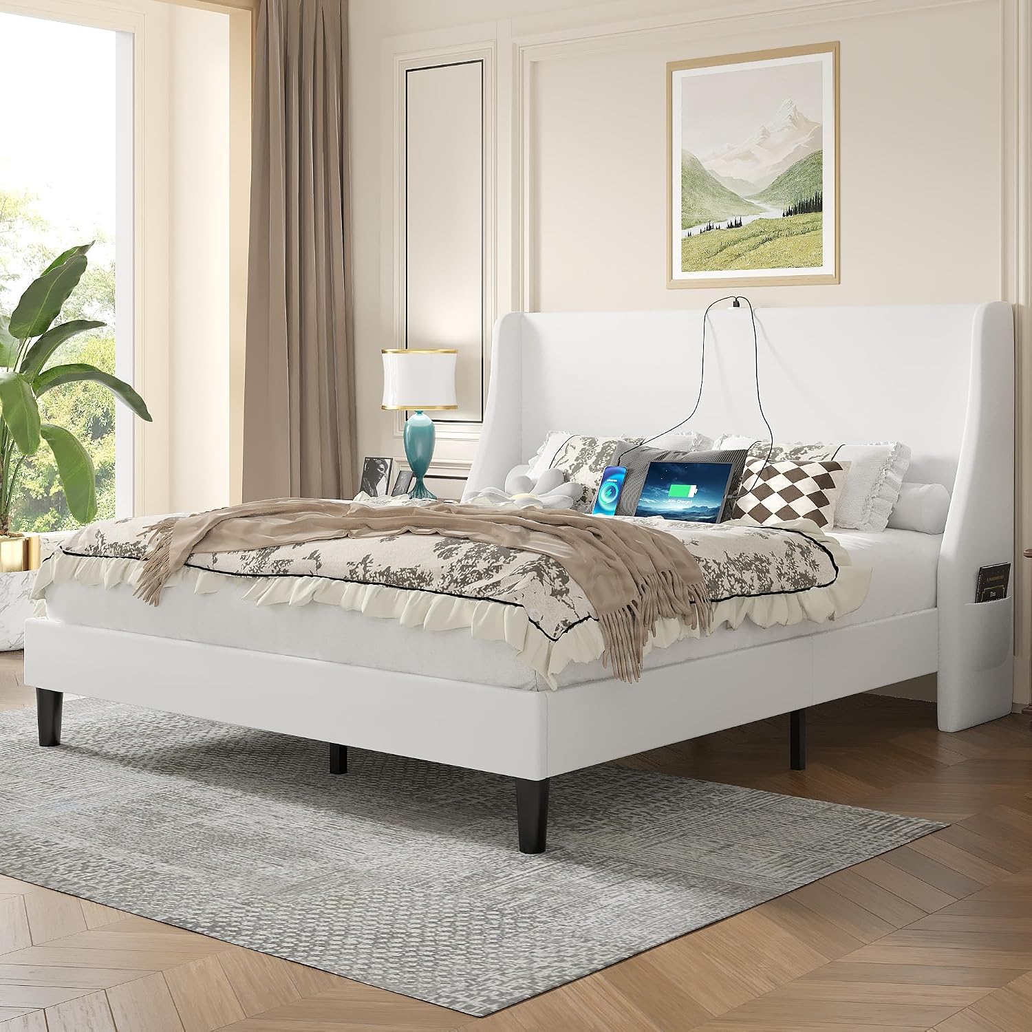 VECELO Queen Bed Frame with Upholstered Wingback Headboard, Heavy-Duty Platform Bedframe with Charging Station, Wooden Slats, No Box Spring Needed, White