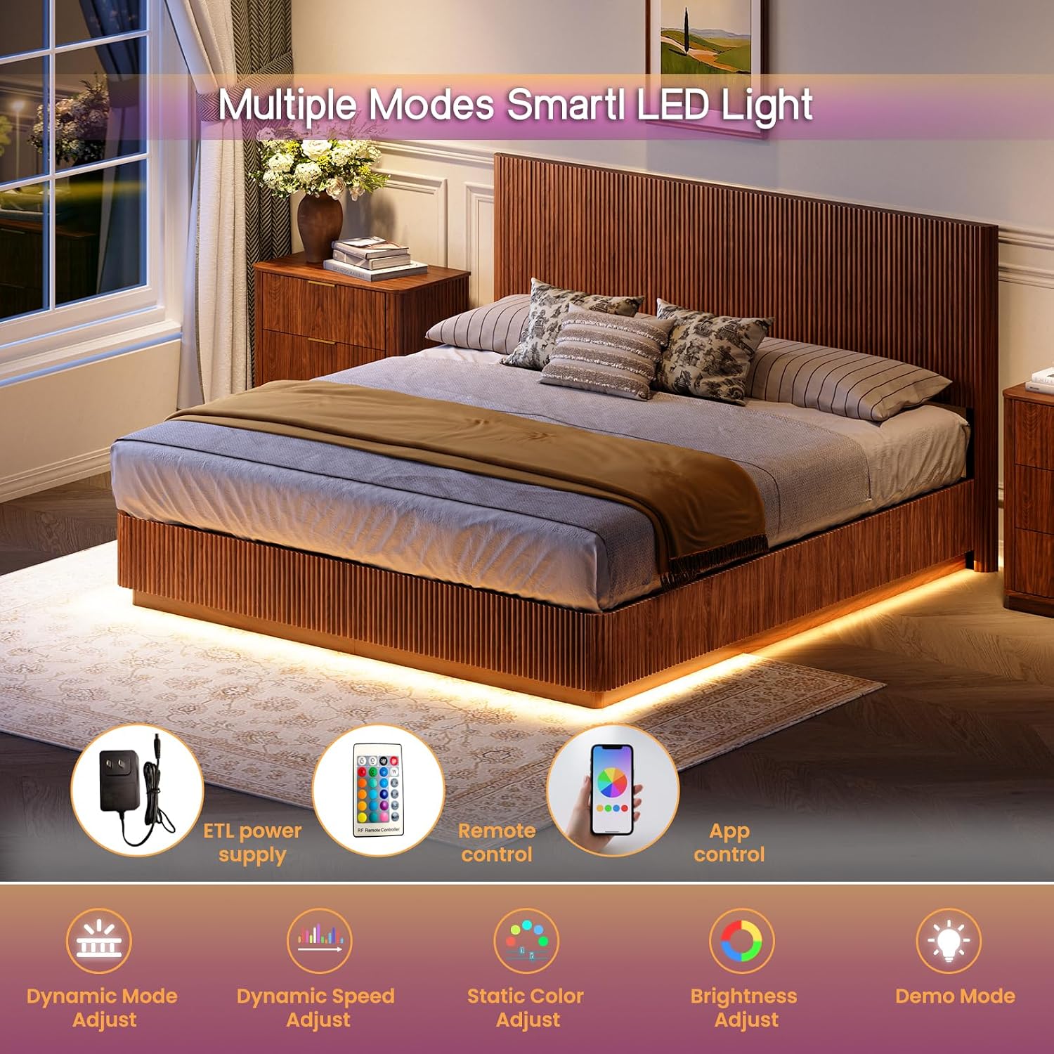 ivoros Mid Century Modern Bed Frame King Size, Fluted Platform Bed Frame with Headboard, Wood and Steel Platform Beds with LED Lights, Heavy Metal Frame Support, No Box Spring Needed, Walnut