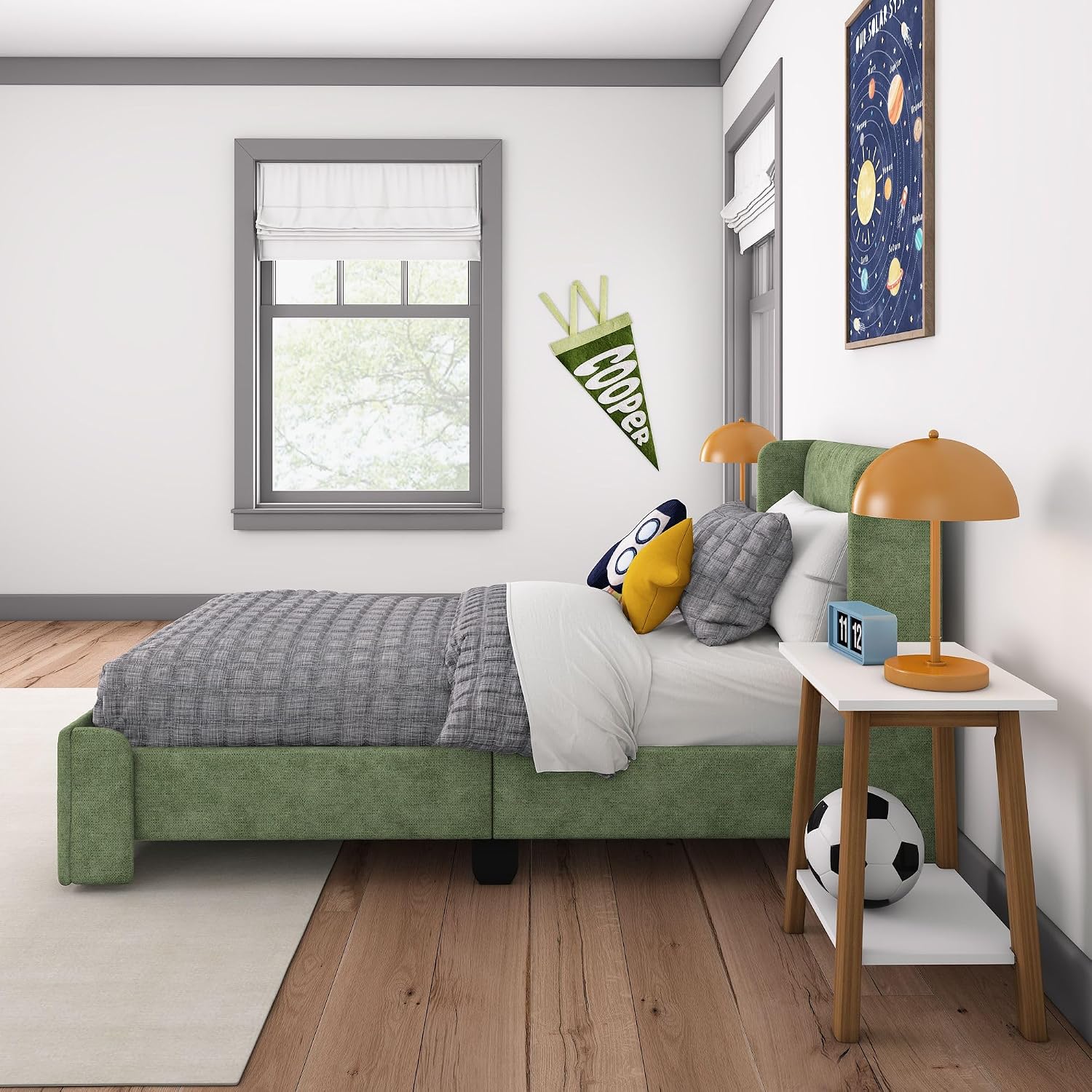 Max & Lily Upholstered Twin Bed Frame with Rectangular Headboard, Upholstered Platform Bed for Kids, No Box Spring Needed, Easy Assembly, Green