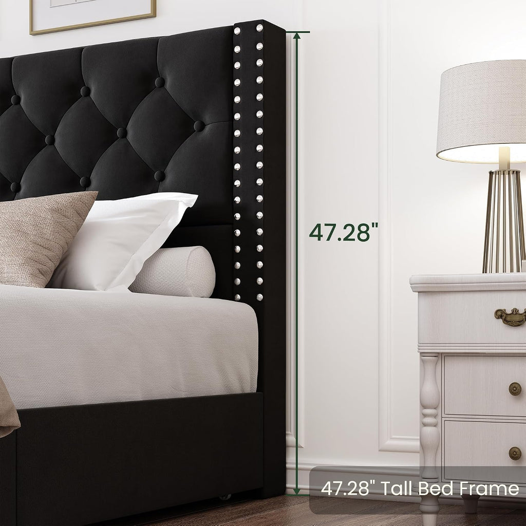 LARMACE Full Size Bed Frame with 4 Storage Drawers and Tufted Headboard Upholstered Platform Bed Frame with Heavy Duty Wood Slats, No Box Spring Needed, Easy Assembly,Black