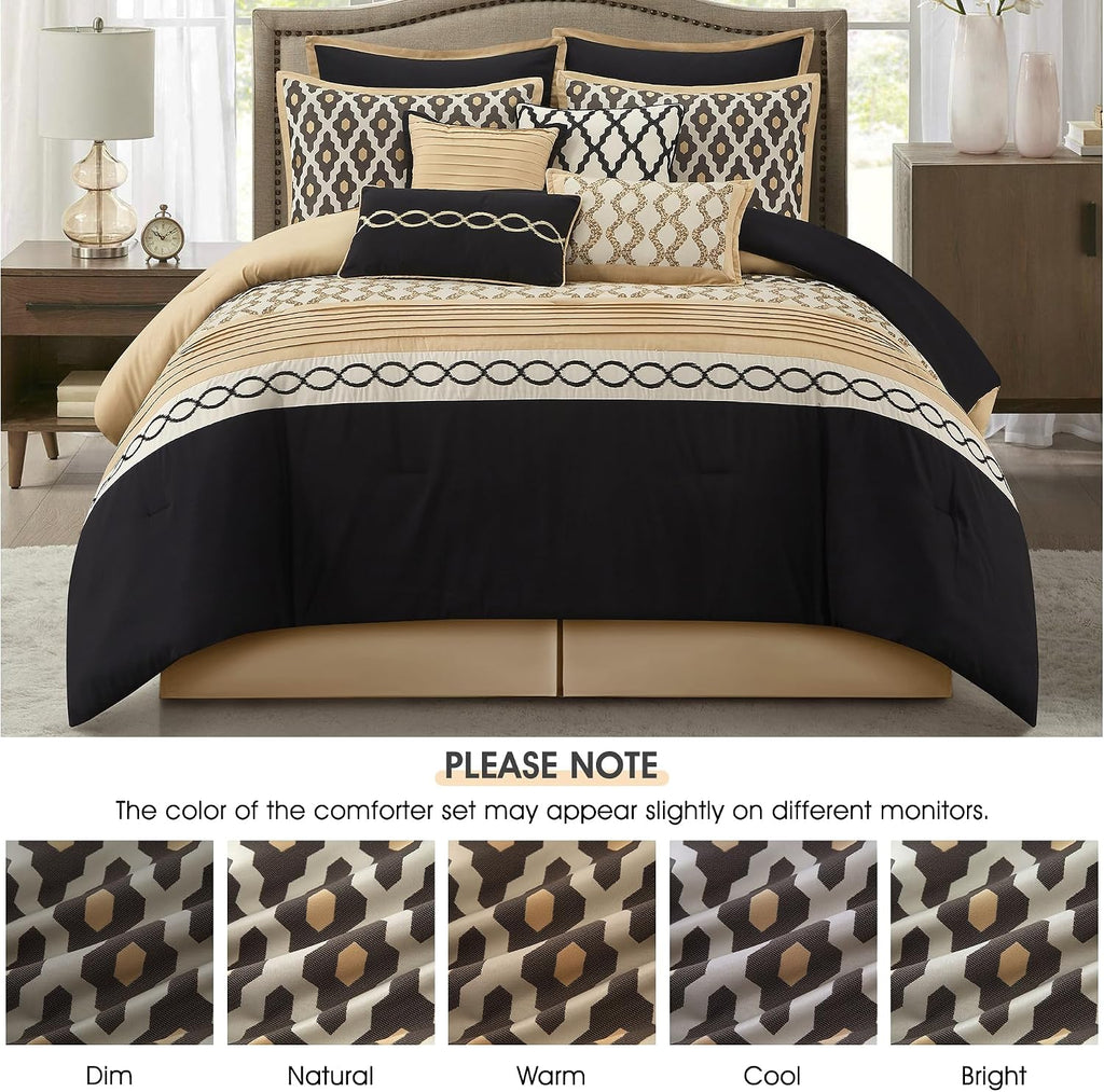 LANCO MODERN LIFESTYLE King Size Comforter Set, Black Gold, 10 Piece Bed in a Bag for All Seasons, Luxury Extreme Comfort Bedding Sets with Bedskirt, Pillow Shams, Euro Shams and Decor Pillows