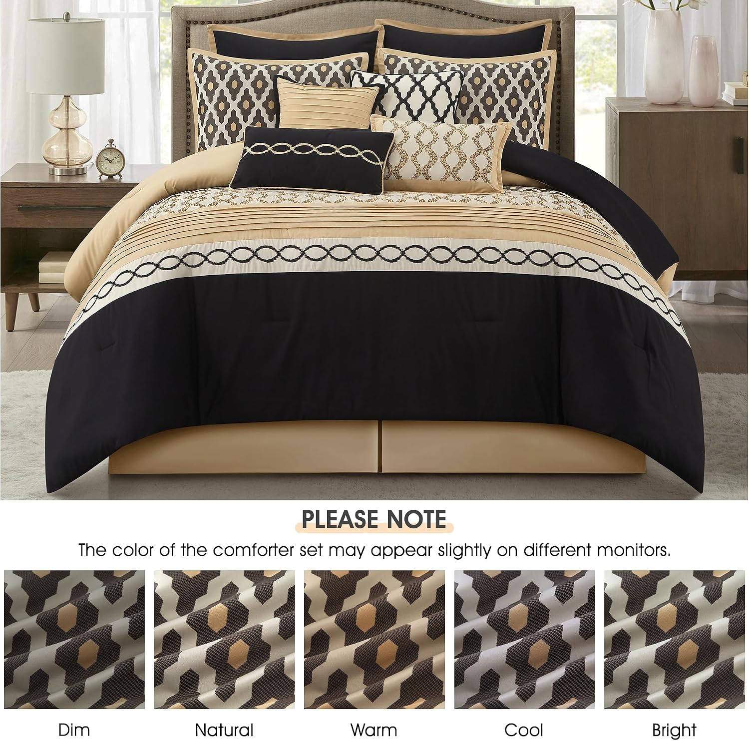 LANCO MODERN LIFESTYLE King Size Comforter Set, Black Gold, 10 Piece Bed in a Bag for All Seasons, Luxury Extreme Comfort Bedding Sets with Bedskirt, Pillow Shams, Euro Shams and Decor Pillows