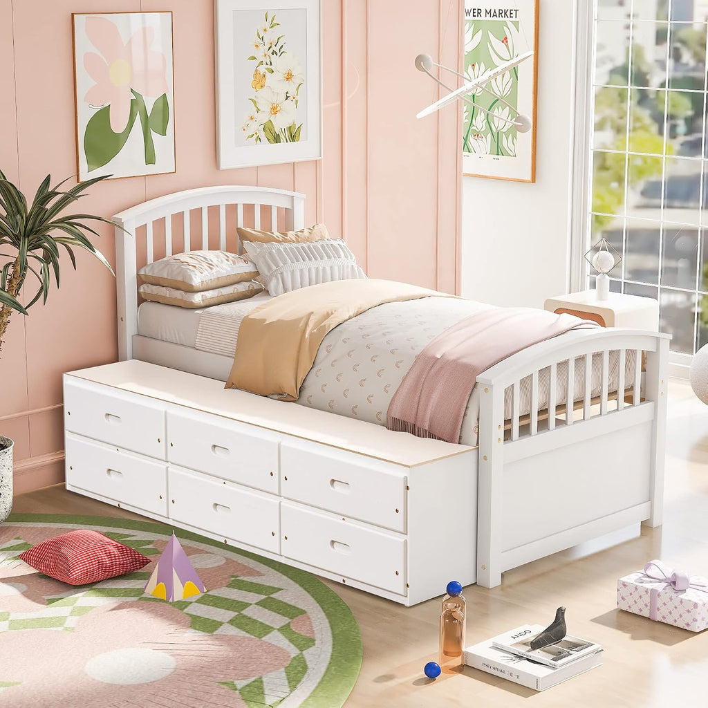 Merax Twin Size Platform Storage Bed Solid Wood Bed with 6 Drawers,White