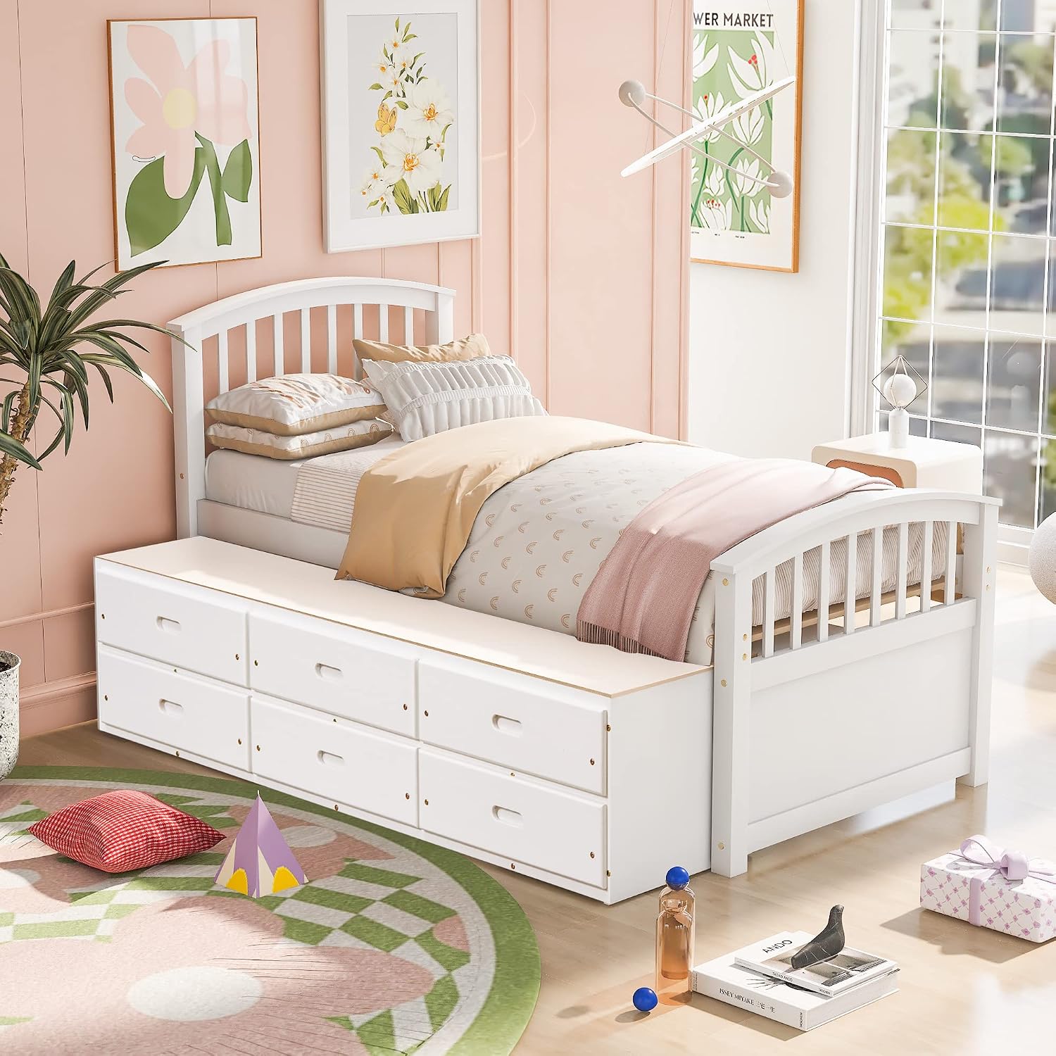 Merax Twin Size Platform Storage Bed Solid Wood Bed with 6 Drawers,White