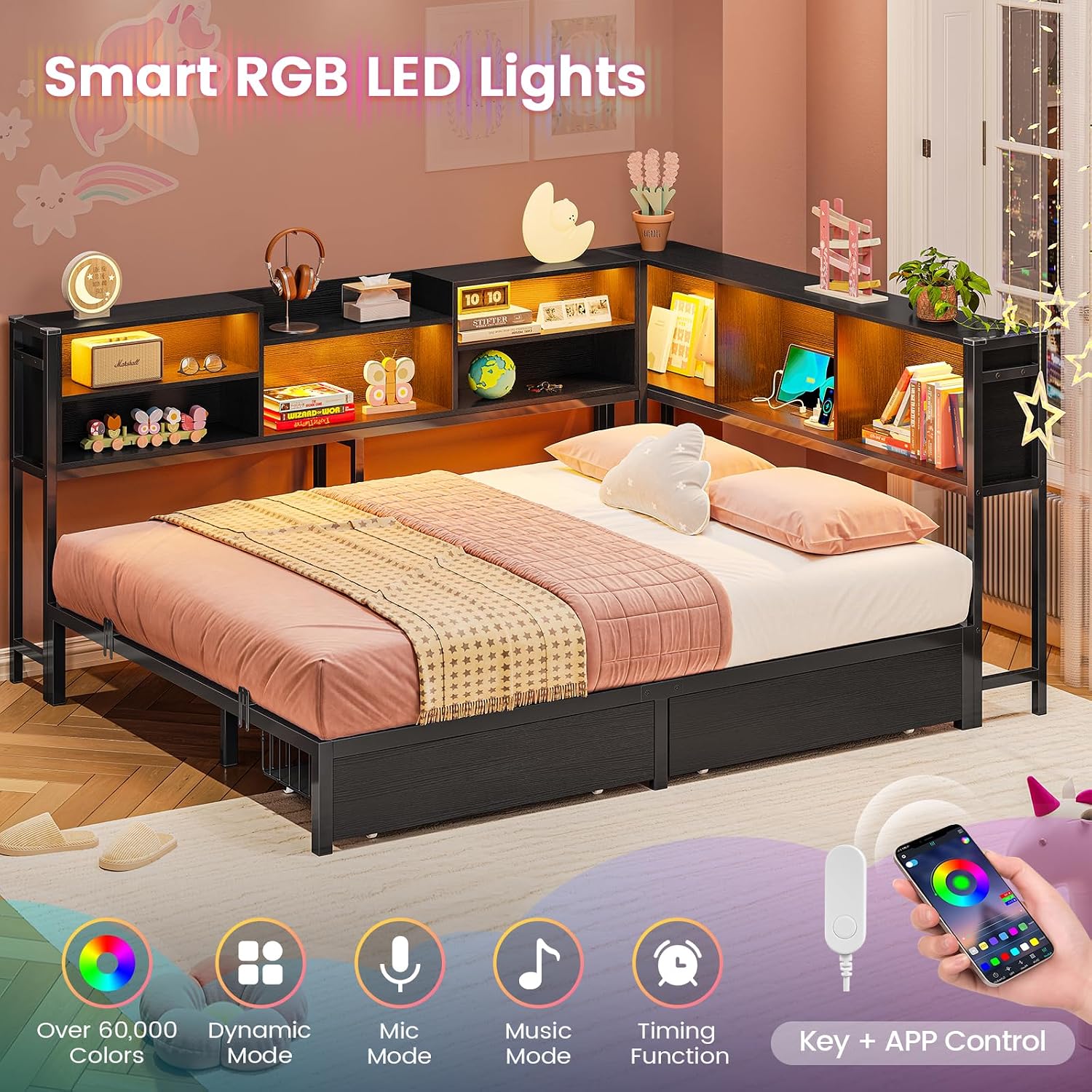 Hasuit Corner Bed Frame Full with 2 Drawers and Storage Bookcase, Daybed with Charging Station and LED Lights, Metal Platform Bed with Bookshleves, Full Size Bed Frame for Kids Teens Guests, Black