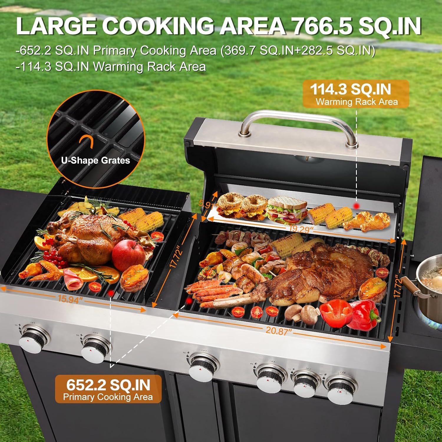 3 IN 1 Pizza Griddle Grill Combo, 74,000 BTU 5-Burner Stainless Steel Propane Gas Grill with Side Burner, Porcelain Enameled Cast Iron Grates, Griddle & Pizza Oven for Outdoor Patio Backyard