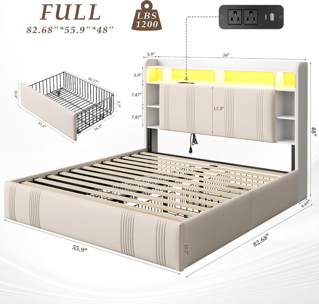 EnHomee Full Size Bed Frame with 4 Storage Drawers and Headboard Upholstered Full Bed Frame with LED & Charging Station & Shelf, No Noise, No Box Spring Needed, Beige