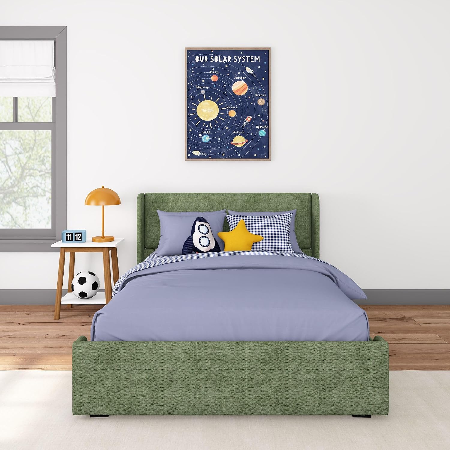 Max & Lily Upholstered Full Bed Frame with Rectangular Headboard and Two Storage Drawers, Upholstered Platform Bed for Kids, No Box Spring Needed, Easy Assembly, Green