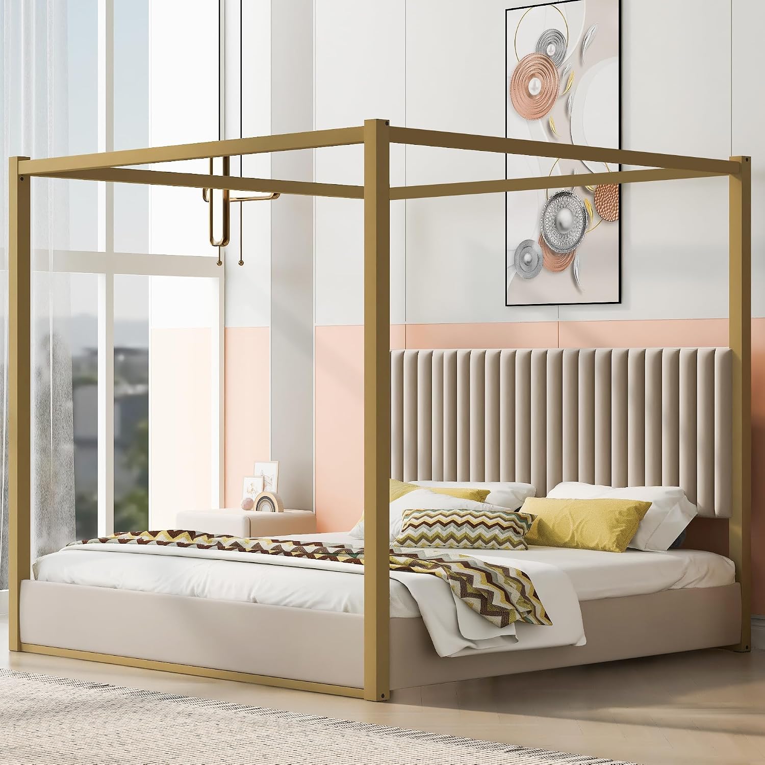 King Size Canopy Bed with Upholstered Headboard, 4-Poster Bed Frame with Metal Frame for Bedroom (Beige, King)