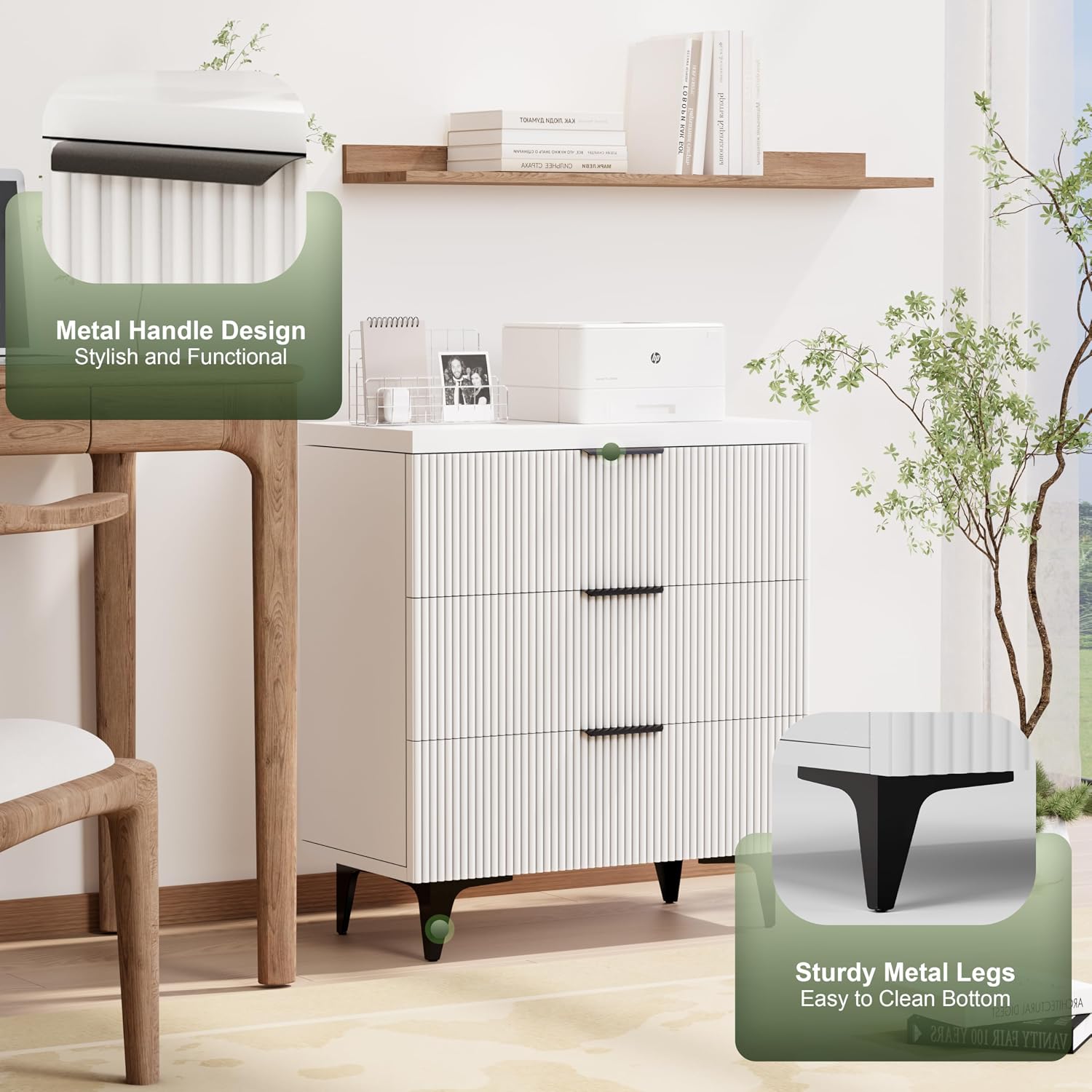 Royal Windsor Large Night Stand Fluted Nightstand with 3 Drawers, Side End Table with Storage, Modern Oversized Nightstands Bedside Table for Bedroom, White