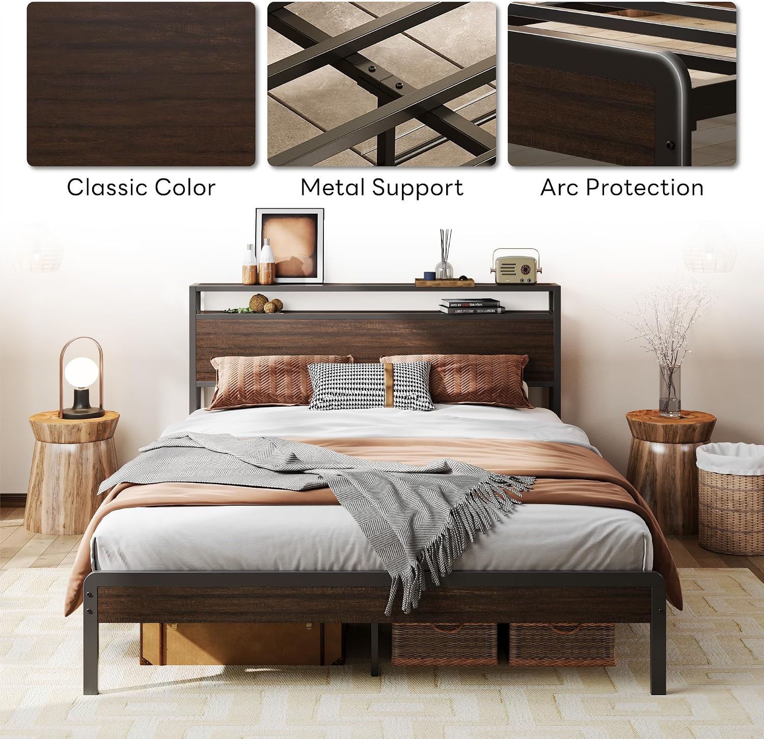 LIKIMIO Queen Bed Frame with Headboard, Dark Wood Camas Queen with Strong Supports, Sturdy, Noise-Free, No Box Spring Needed, Dark Brown
