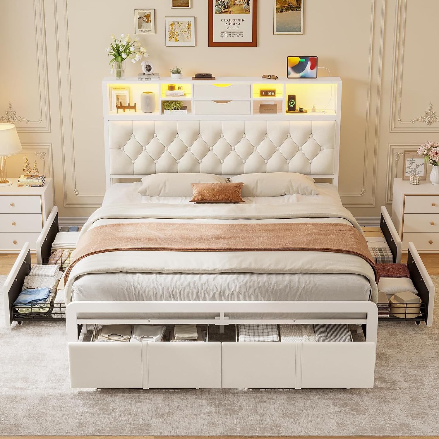 BTHFST Queen Size Bed Frame with 6 Storage Drawers and Headboard, Velvet Upholstered Queen Platform Bed with LED Lights & Charging Station, No Noise, No Box Spring Needed, Easy Assembly, Beige