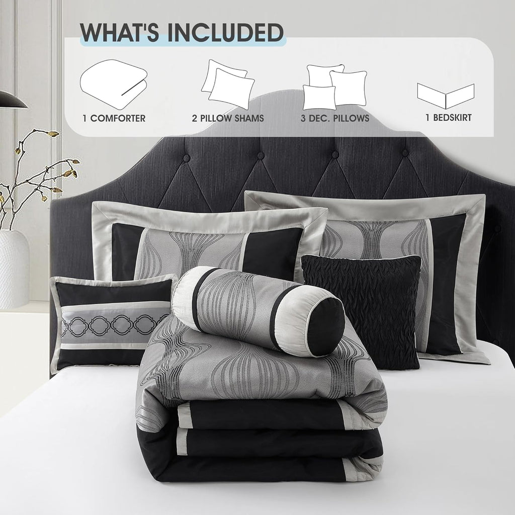 LANCO MODERN LIFESTYLE King Comforter Set, Black Silver, 7 Pieces Bed in a Bag, Ultra Soft Jacquard with Solid Piecework, Luxury Bed Set with Comforters, Bed Skirt, Pillow Shams and Decorative Pillows