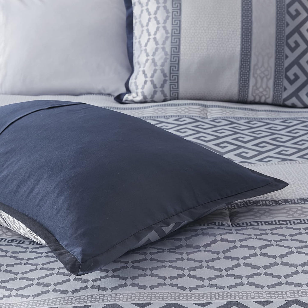Madison Park Luxury Comforter Set-Traditional Jacquard Design All Season Down Alternative Bedding, Matching Bedskirt, Decorative Pillows, King(104'x92'), Bennett, Geometric Navy 7 Piece