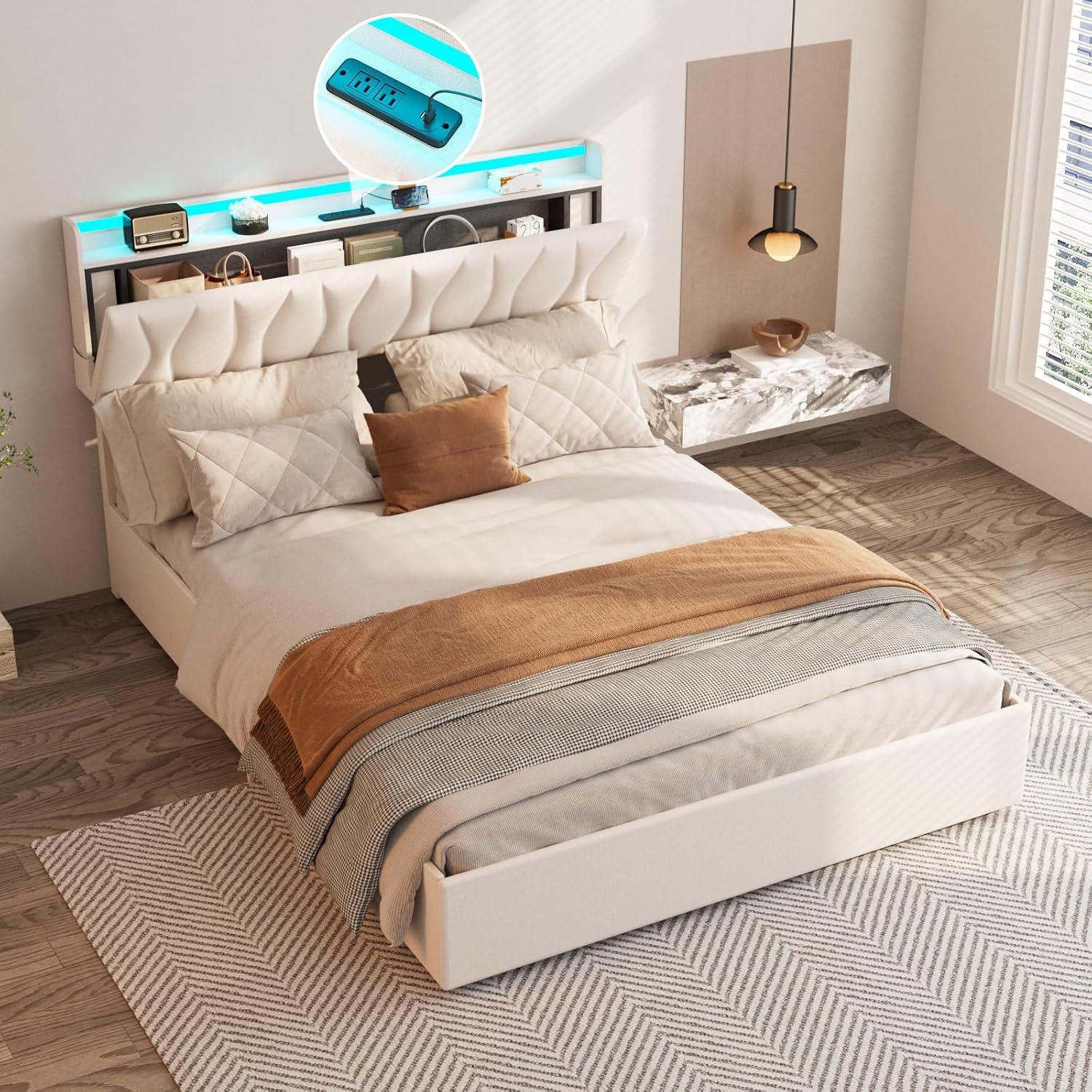 Fameill Full Size Lift Up Storage Bed Frame, Height Adjustable Storage Headboard with Charging Station, LED Lights Upholstered Platform Bed, Wooden Slat, No Box Spring Needed, Noise-Free, Beige