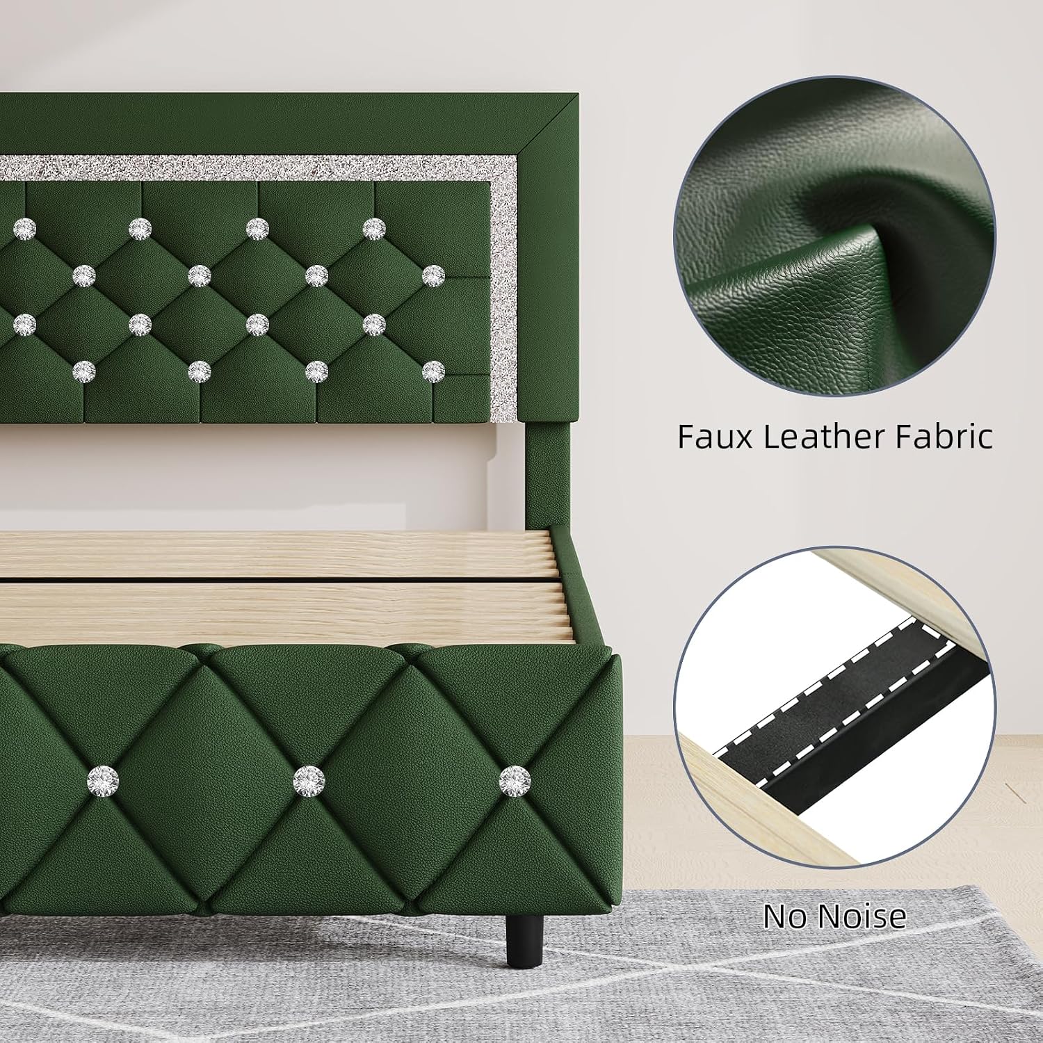 BarnFurin Full Size Bed Frame with Headboard, Faux Leather Upholstered Bed with Diamond Tufted Design, Mordern Bed Frame with Wooden Slats Suppor, No Box Spring Required, Easy Assembly, Green
