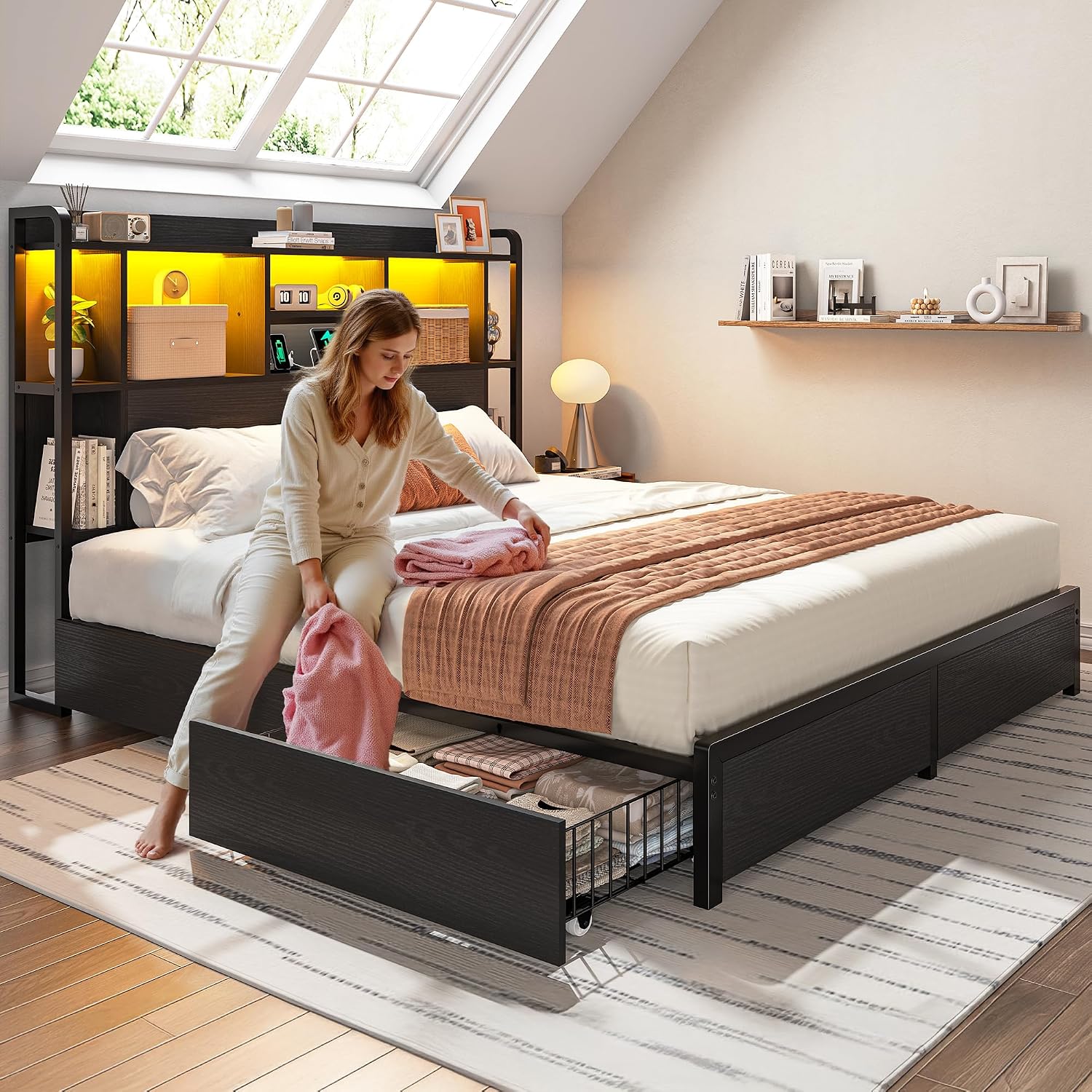 Homkdom Queen Bed Frame with Storage Headboard & 4 Large Drawers Bed Frame Queen Size with 51' Tall Headboard 9 Compartments Led Lights & Charging Station,No Box Spring Needed, No Noise,Black