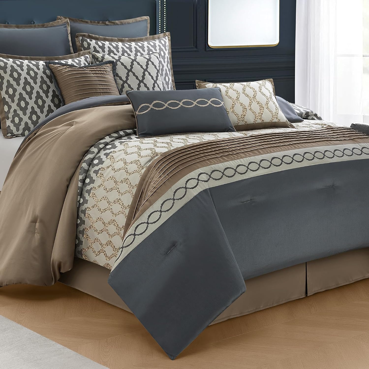 LANCO MODERN LIFESTYLE California King Comforter Set, Grey Brown, 10 Piece Bed in a Bag for All Seasons, Luxury Extreme Comfort Bedding Sets with Bedskirt, Pillow Shams, Euro Shams and Decor Pillows