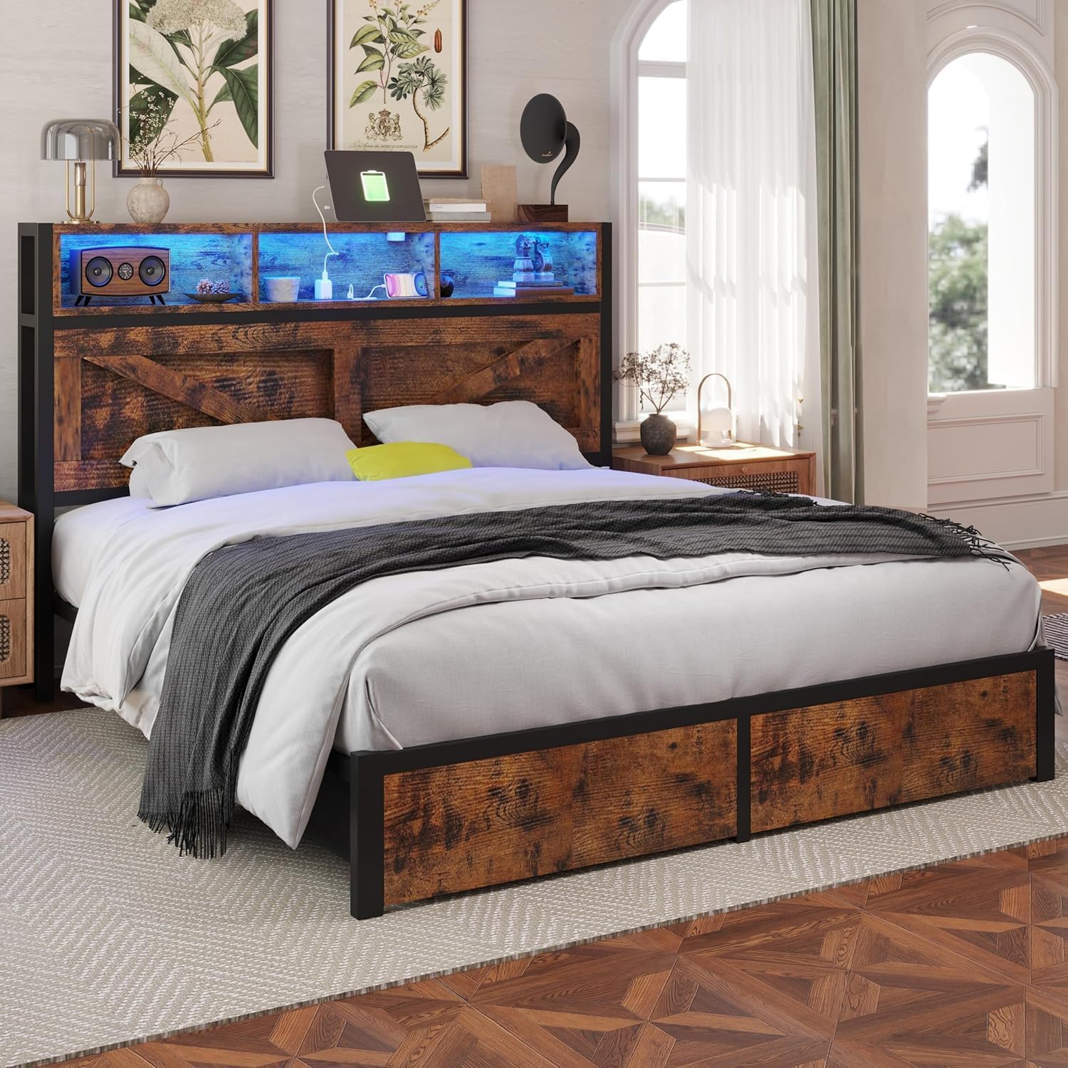 Farmhouse Queen Bed Frame with Bookcase Headboard and Storage Drawers, LED Lights and Charging Station, No Box Spring Needed, Noise Free, Rustic Brown