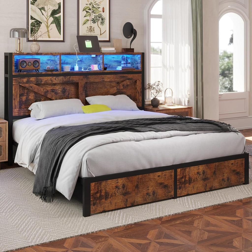 Farmhouse Full Bed Frame with Bookcase Headboard and Storage Drawers, LED Lights and Charging Station, No Box Spring Needed, Noise Free, Rustic Brown