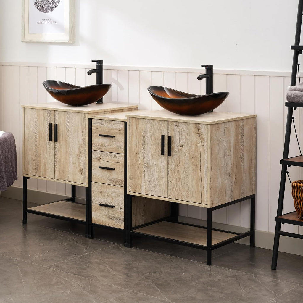 UEV Rustic Oak 60' Double Bathroom Vanity with Sink Combo,Industrial Iron Frame 2 Main Bathroom Vanity with Middle 3 Drawers Cabinet,Modern Brown Boat Tempered Glass Vessel Sink(029BR)