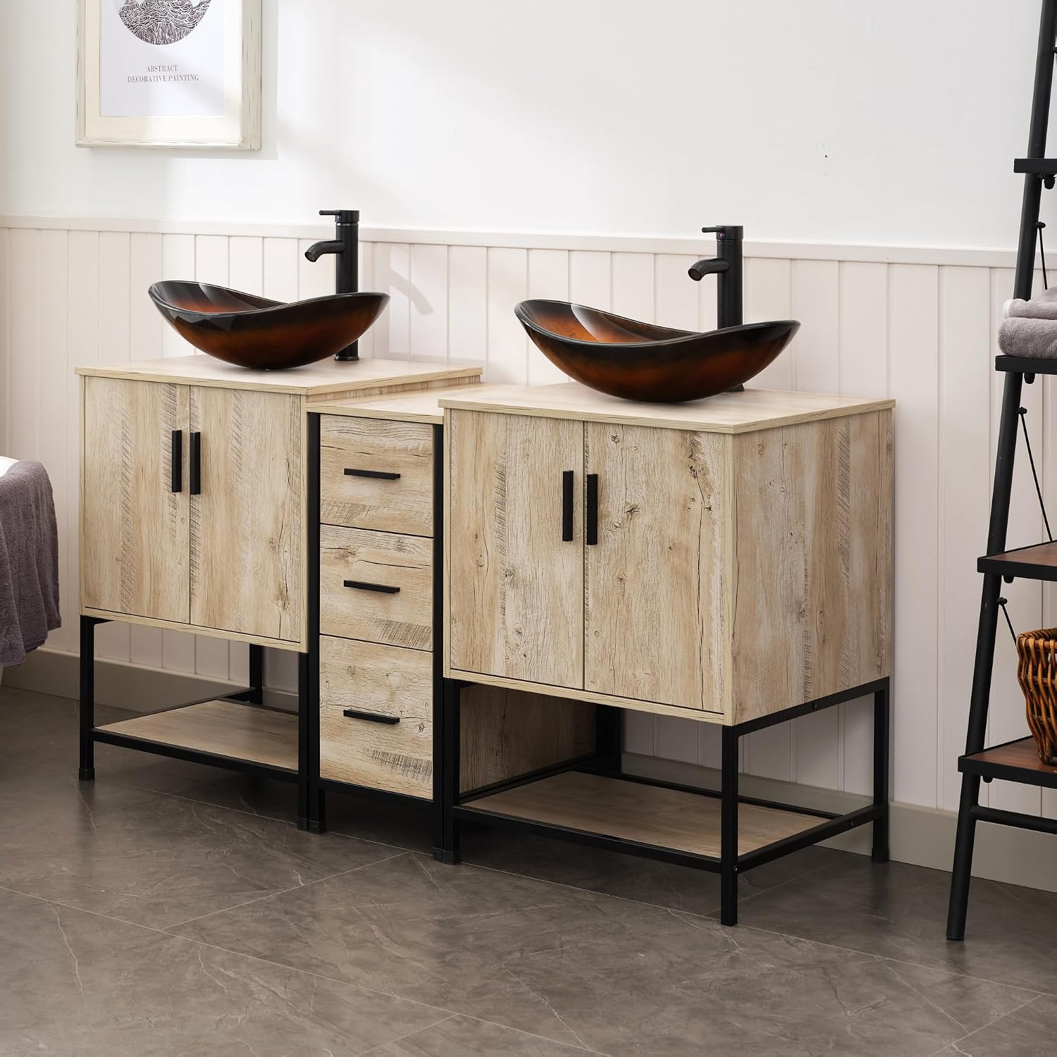 UEV Rustic Oak 60' Double Bathroom Vanity with Sink Combo,Industrial Iron Frame 2 Main Bathroom Vanity with Middle 3 Drawers Cabinet,Modern Brown Boat Tempered Glass Vessel Sink(029BR)