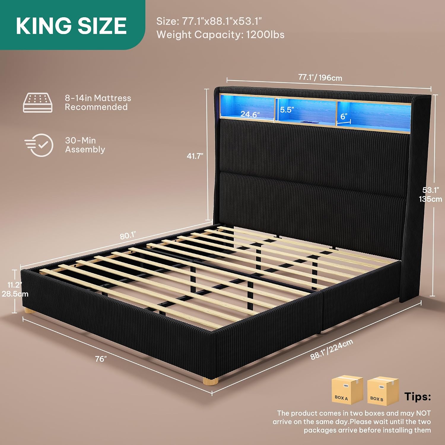 DWVO King Size Corduroy Upholstered Platform Bed Frame with Charging Station and RGB LED Lights, 53'' Tall Storage Wingback Headboard, No Box Spring Needed, Easy Assembly, Noise-Free, Black