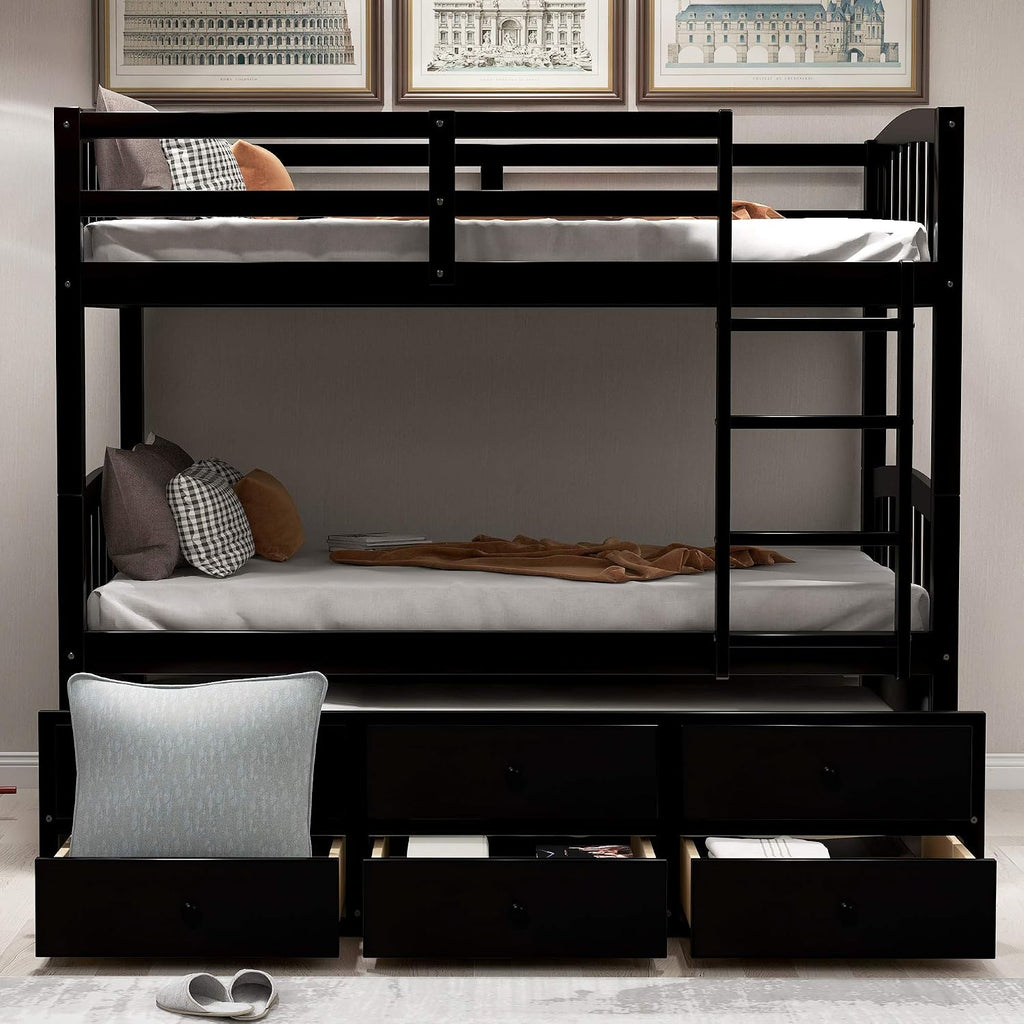 Harper&Bright Designs Twin Over Twin Bunk Bed with Safety Rail, Ladder, Twin Trundle Bed with 3 Drawers for Bedroom, Guest Room Furniture, Dark Espresso
