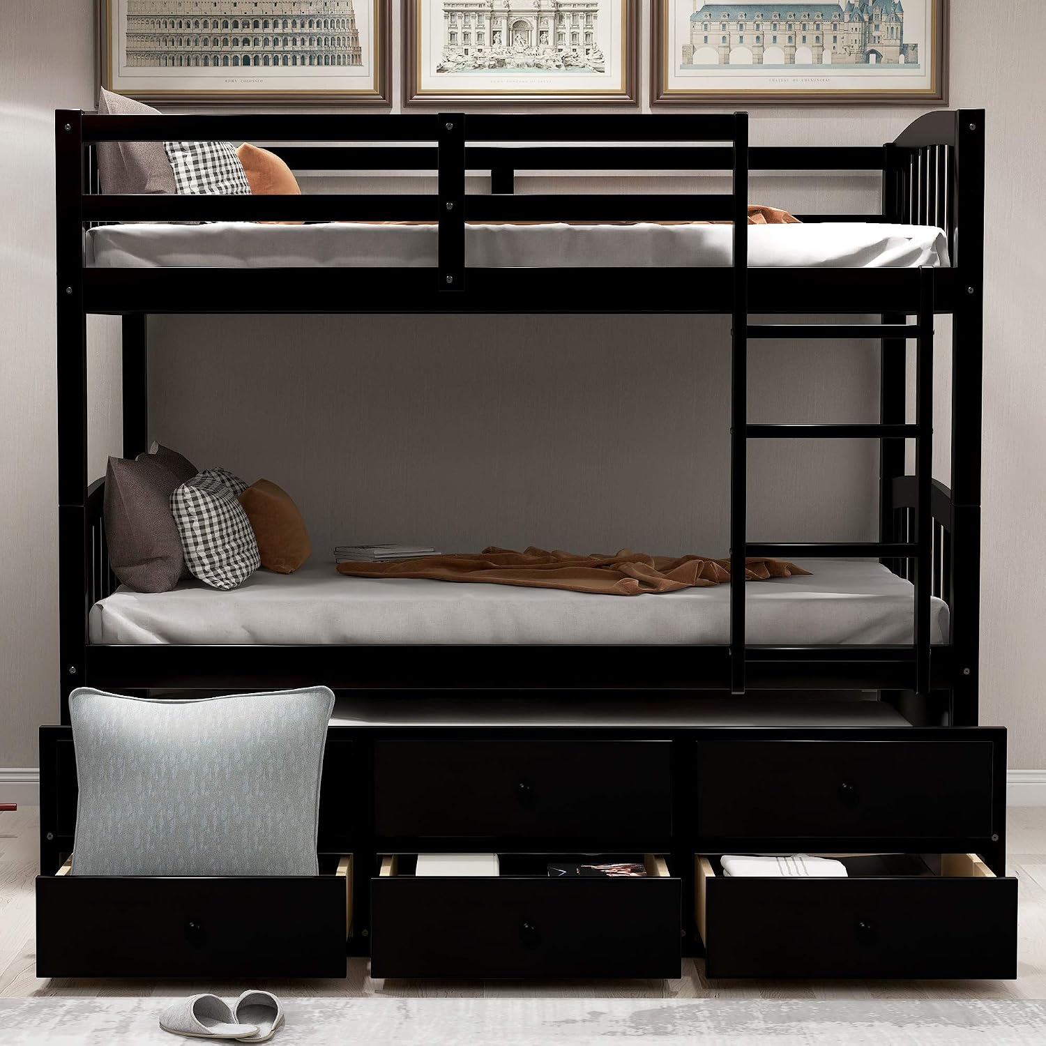 Harper&Bright Designs Twin Over Twin Bunk Bed with Safety Rail, Ladder, Twin Trundle Bed with 3 Drawers for Bedroom, Guest Room Furniture, Dark Espresso