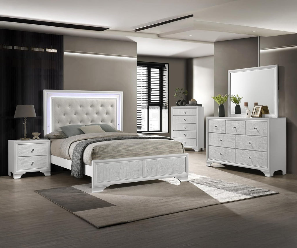Modern Crisp White Textured Finish Tufted Headboard Integrated LED Lighting King Size 5pc Bed Set Bedroom Furniture