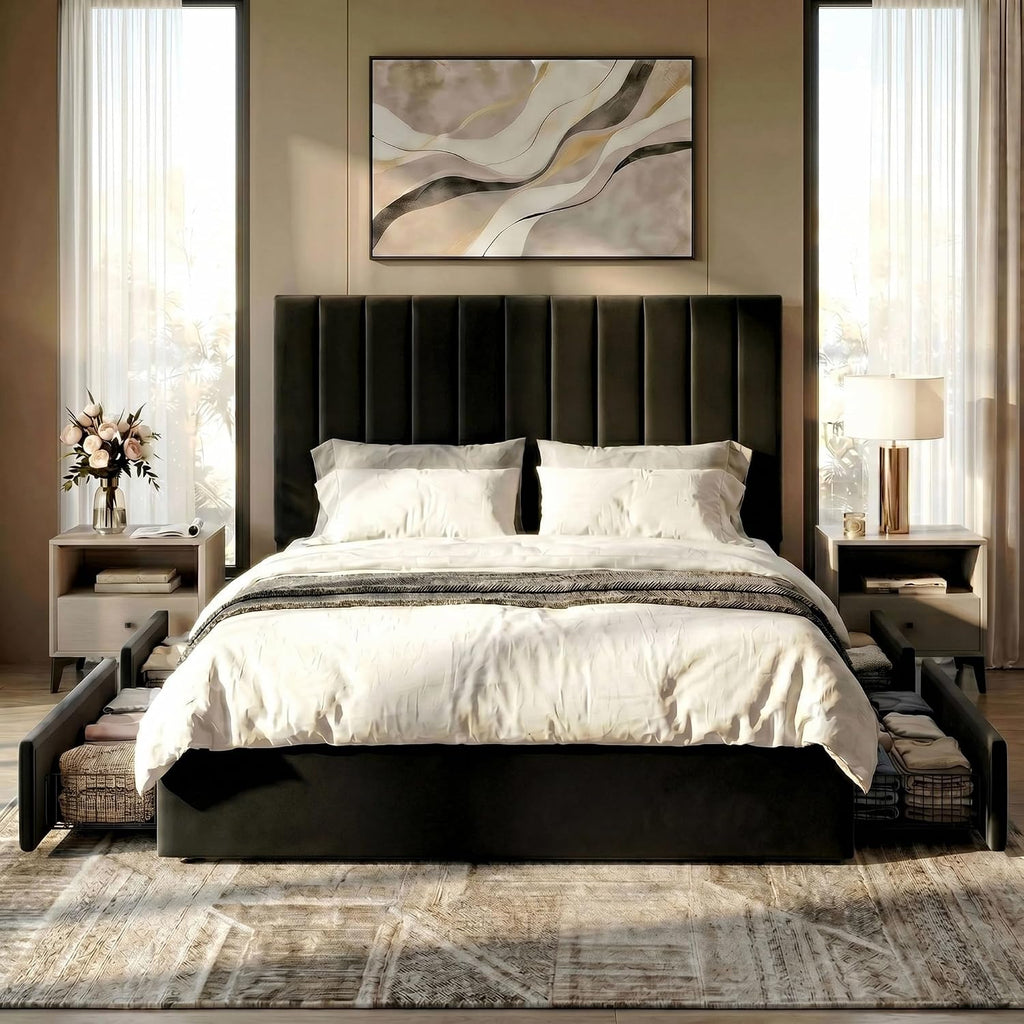 SHA CERLIN Full Size Platform Bed Frame with 4 Storage Drawers, Vertical Channel Tufted Adjustable Headboard, Velvet Upholstered, Wooden Slats Support, No Box Spring Needed, Easy Assembly, Black