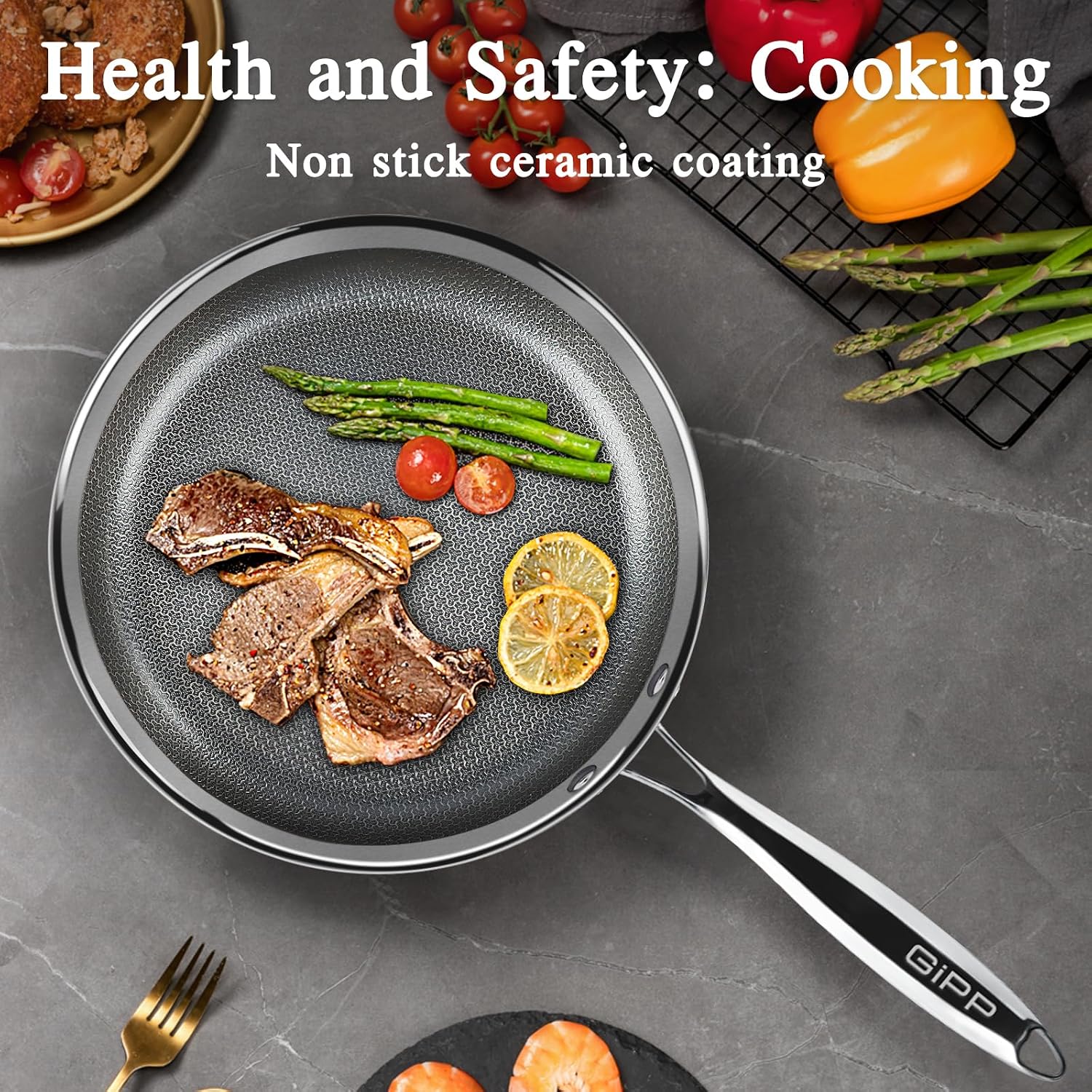GiPP Tri-Ply Stainless Steel Frying Pan, 10 inch Hybrid Frying Pans Nonstick Skillets, Dishwasher and Oven-Safe, Induction Ready, Compatible with All Cook tops, PFOS/PFOA Free