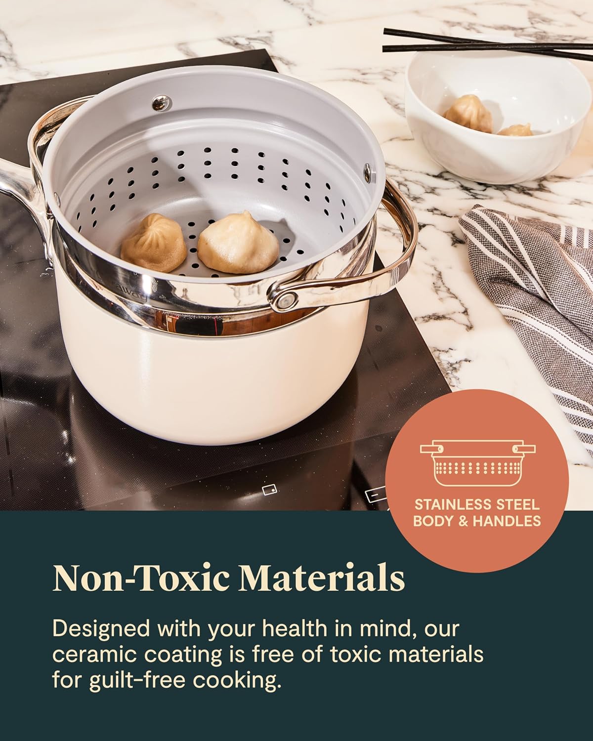 Caraway Nonstick 3 Qt Ceramic Sauce Pan with Lid & Steamer - Non Toxic, PTFE & PFOA Free - Oven Safe & Compatible with All Stovetops (Gas, Electric & Induction) - Sage