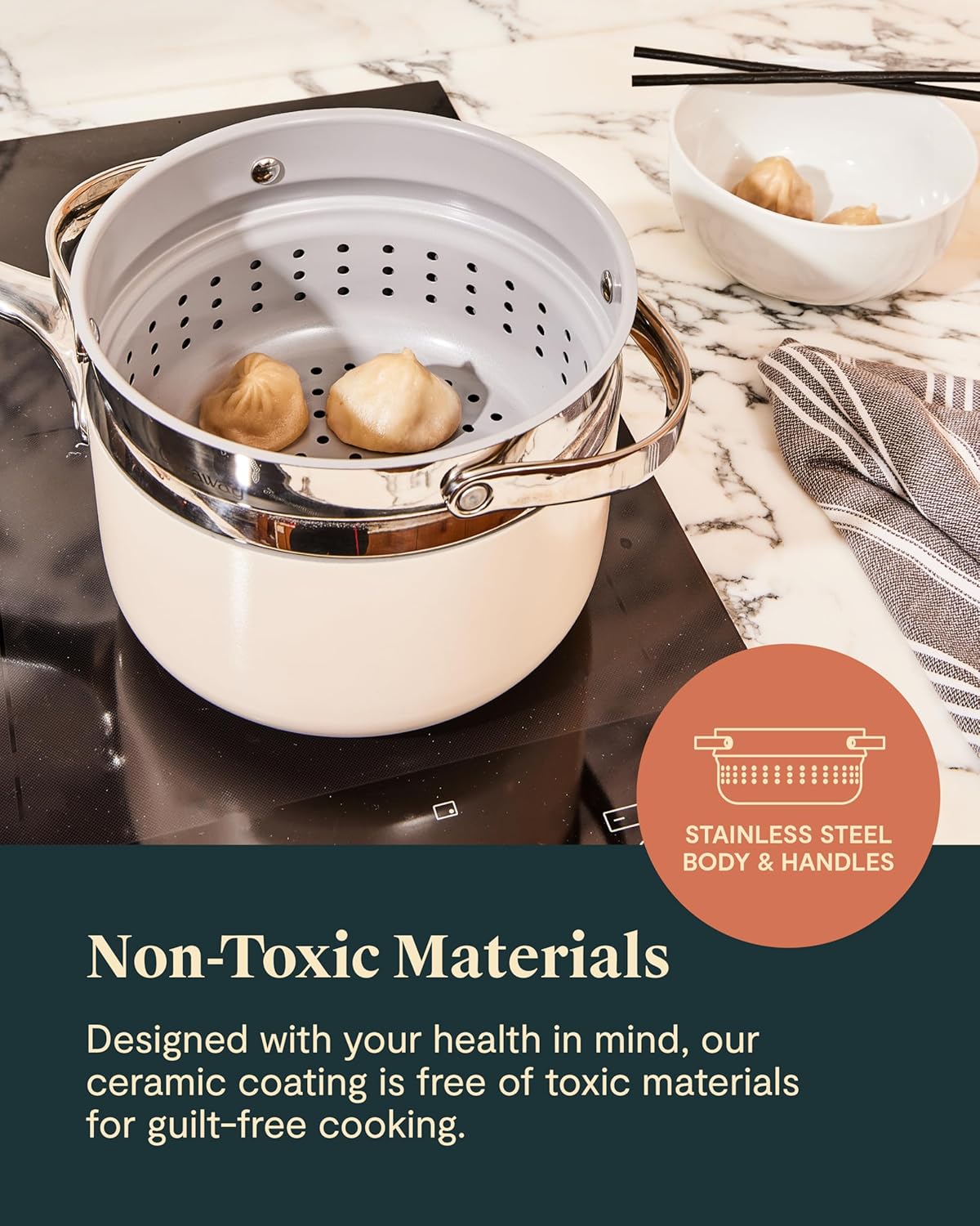Caraway Nonstick 3 Qt Ceramic Sauce Pan with Lid & Steamer - Non Toxic, PTFE & PFOA Free - Oven Safe & Compatible with All Stovetops (Gas, Electric & Induction) - Perracotta