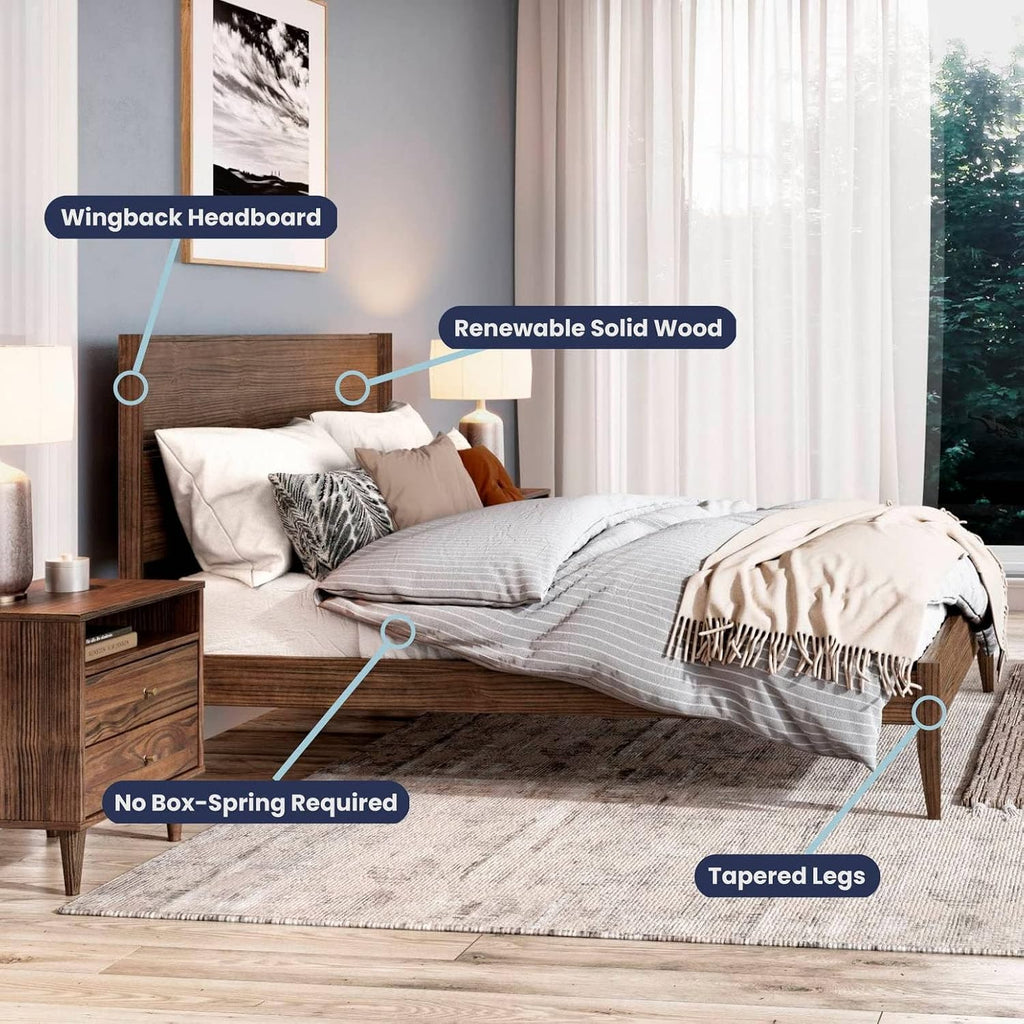 Grain Wood Furniture Mid Century Solid Wood Platform Bed, Queen Size, Brushed Walnut