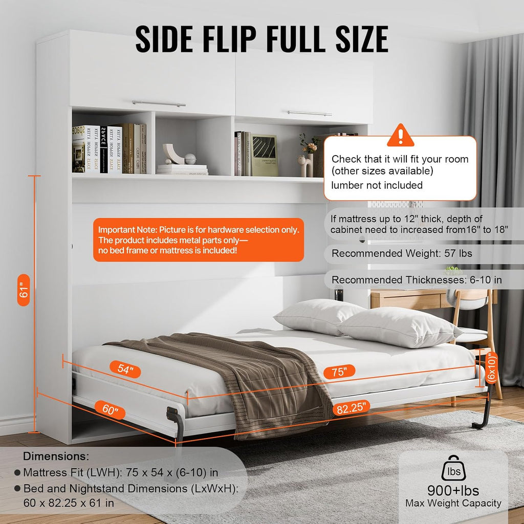 Happybuy Murphy Bed Kit, Full Size, Deluxe DIY Wall Bed Mechanical Hardware Kit, Pneumatic Lever Heavy Duty Bed Frame Support, Folding Cabinet Wall Bed Space Saving Design for Guestroom