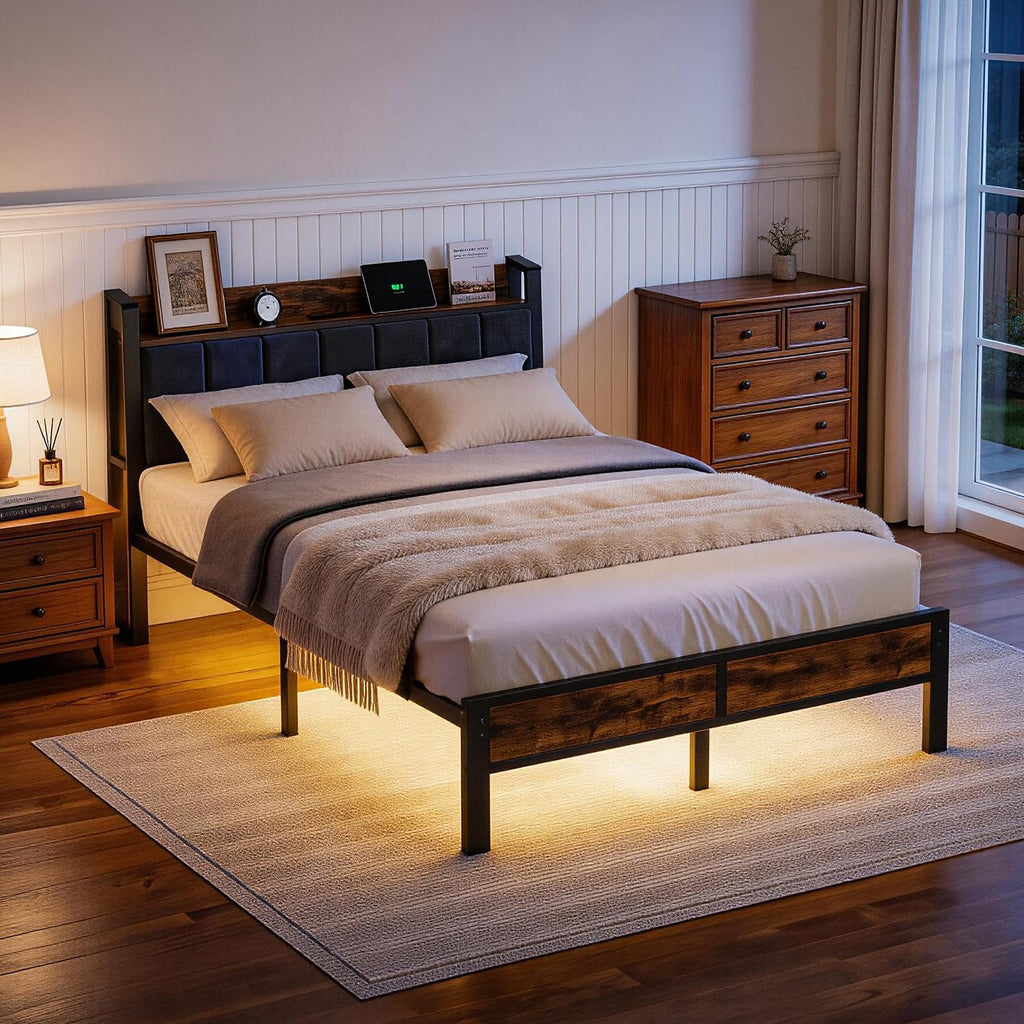 Liians Full Size LED Bed Frame with Charging Station and Storage Headboard, Metal Platform Bed, No Box Spring Needed, Easy Assembly, Noise Free