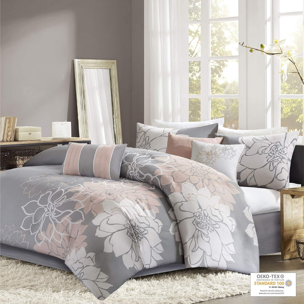 Madison Park Sateen Cotton Comforter Set, Breathable, Soft Cover, Modern Print, All Season Down Alternative Cozy Bedding with Matching Shams, Floral Taupe Grey/Peach, King 7 Piece